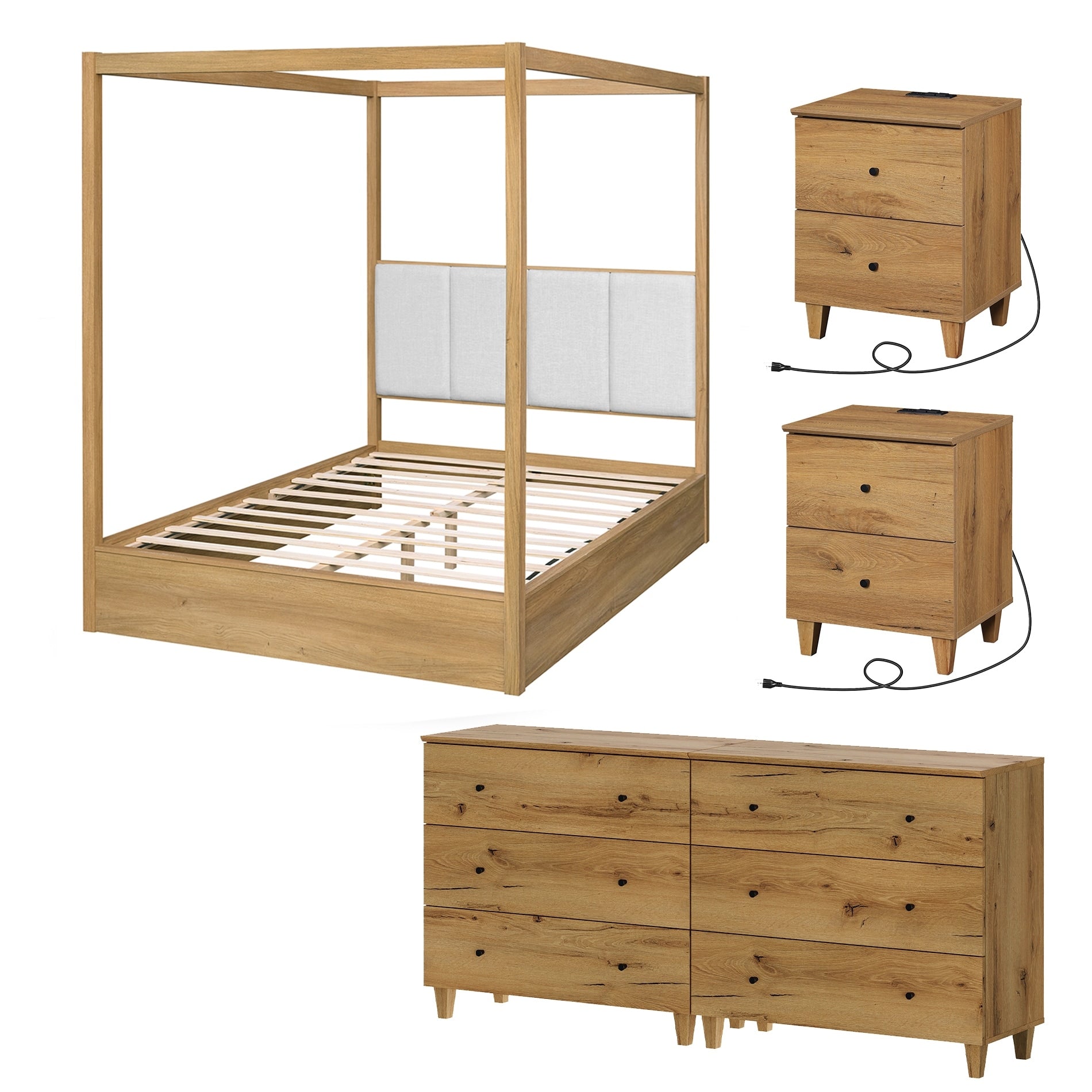 Wampat Modern Queen Canopy Bed With 2 Charging Nightstands And 2 In 1 Dressers With 6 Drawers Wooden Bedroom Furniture Set