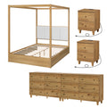 Wampat Modern Queen Size Canopy Bed Frame With 2 Charging Nightstands And 6 Drawer Dresser Wooden Bedroom Furniture Set