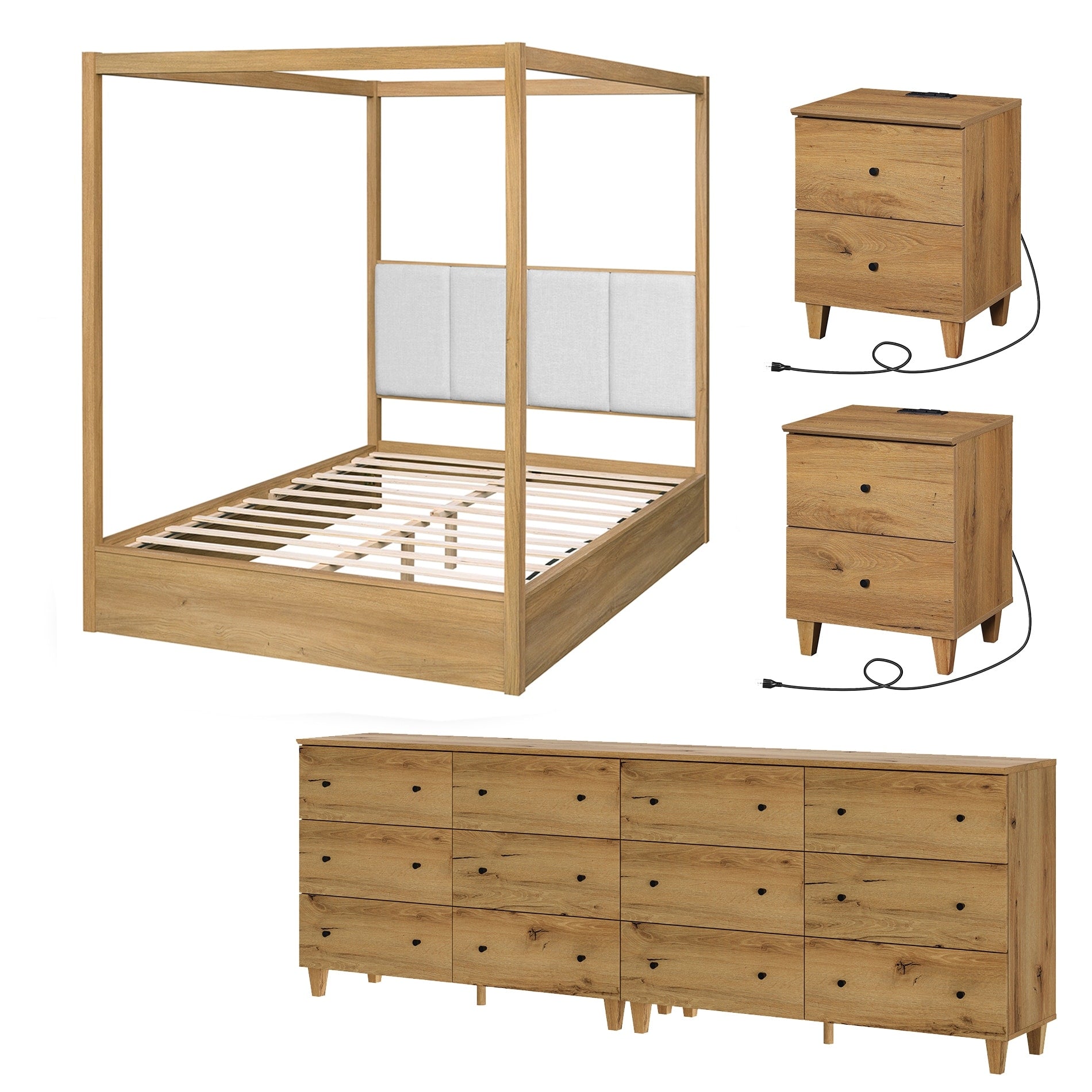 Wampat Modern Queen Size Canopy Bed Frame With 2 Charging Nightstands And 6 Drawer Dresser Wooden Bedroom Furniture Set