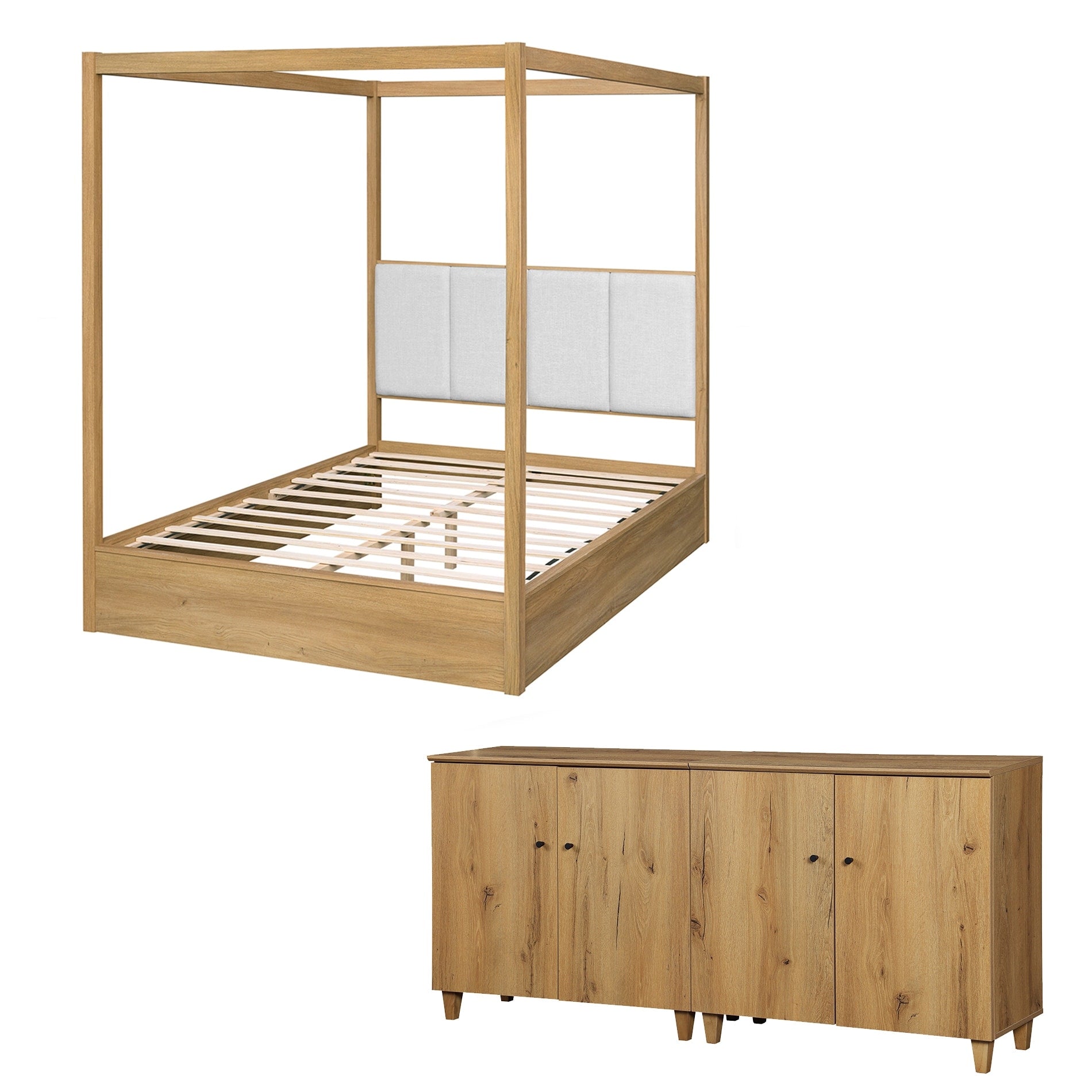 Wampat Modern Queen Size Canopy Bed Frame With 2 In 1 Large Storage Cabinets Wooden Bedroom Furniture Set