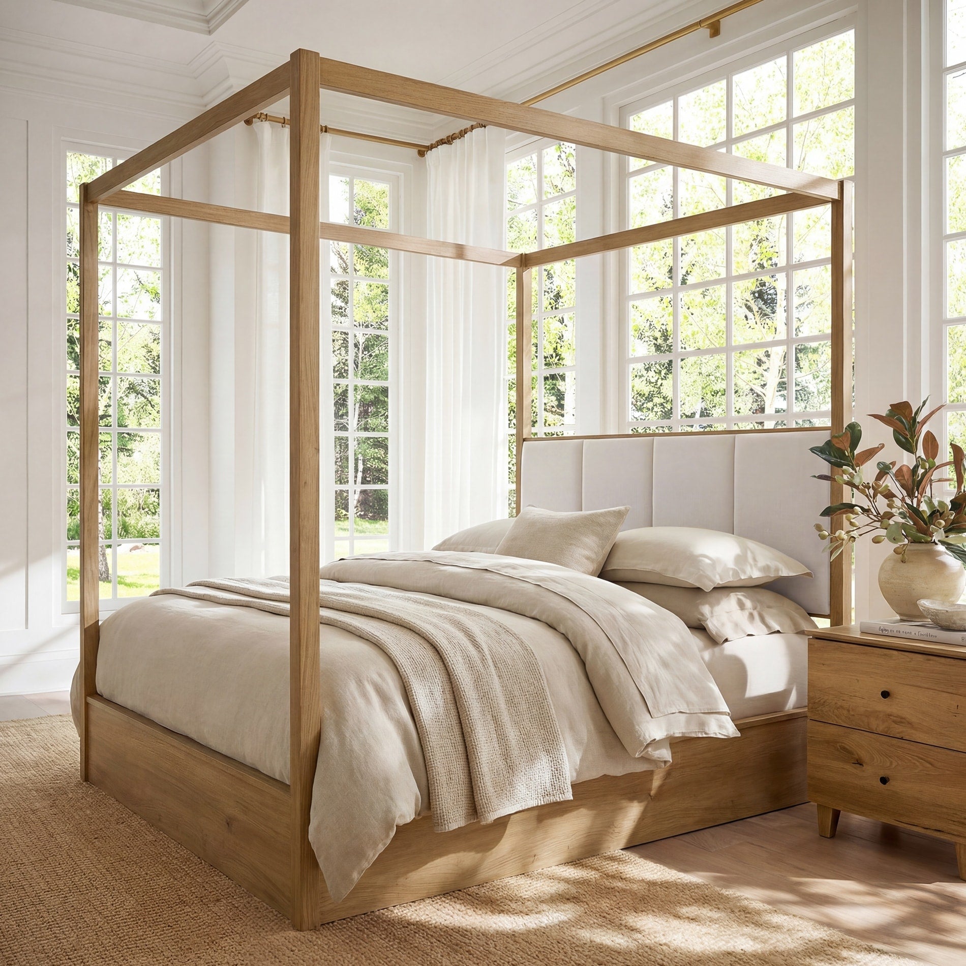 Wampat Modern Queen Size Canopy Bed Frame With Upholstered Headboard Solid Wood 4 Poster Bed No Box Spring Needed For Bedroom