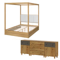 Wampat Modern Wooden Bedroom Furniture Set Queen Canopy Bed Frame 3 In 1 Dresser With 2 Cabinets And 5 Drawers