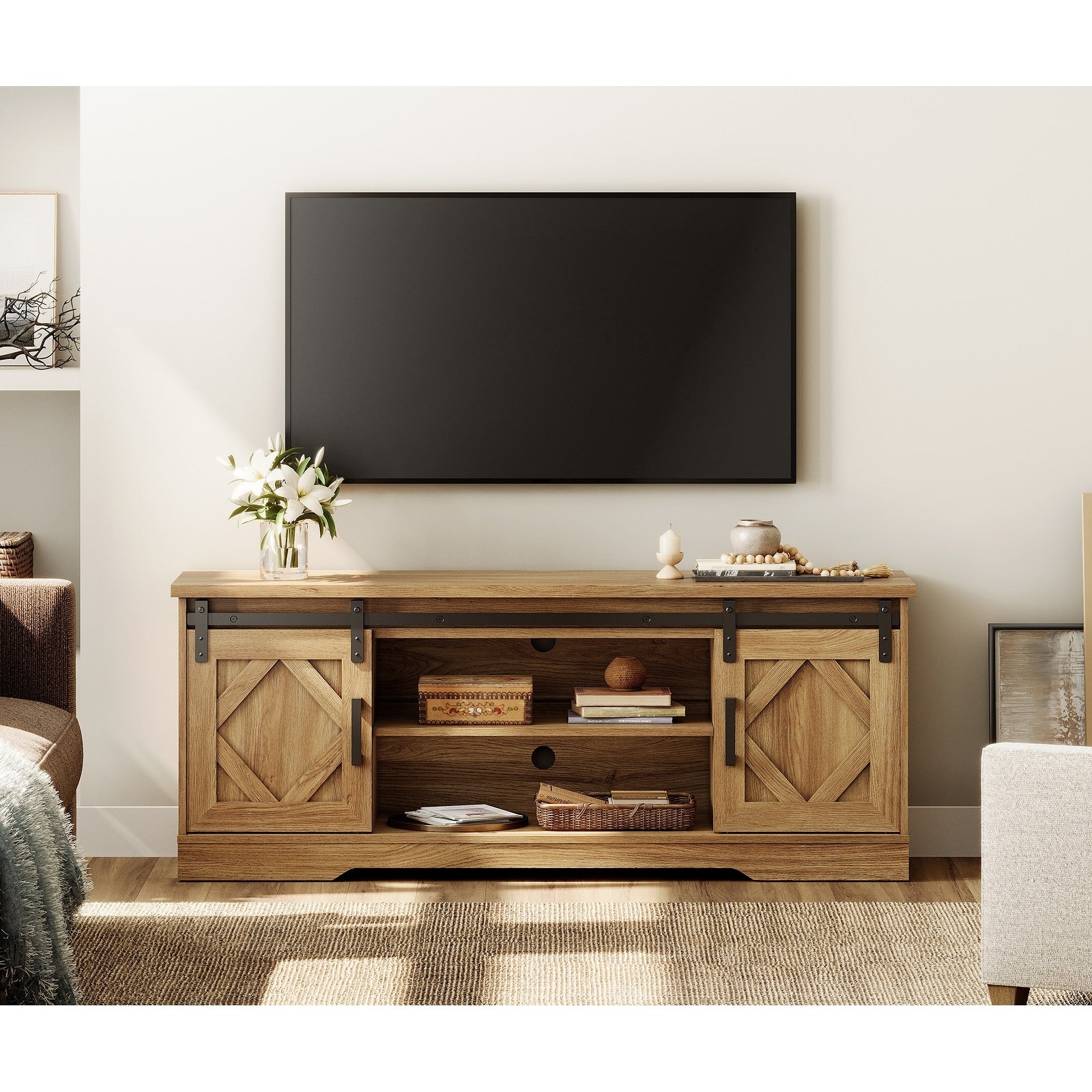 Wampat Sliding Barn Door Wood Tv Stand Storage Cabinet 59 Inch 59
