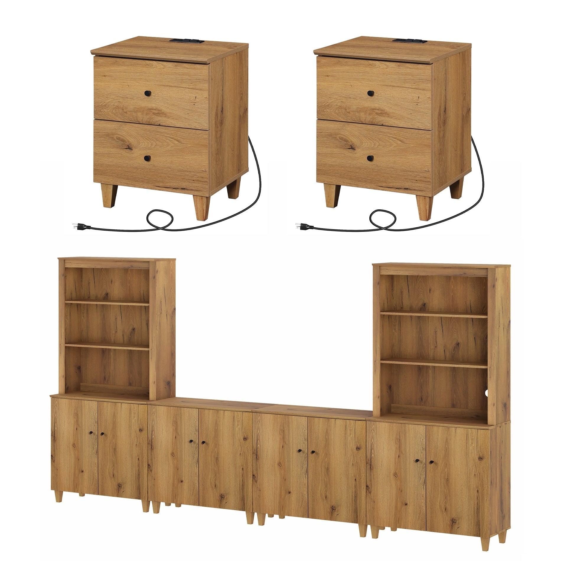 Wampat Tv Stand And End Table Set Of 3 Entertainment Center For 75 Tv With Cabinets 2 Charging Side Tables For Living Room