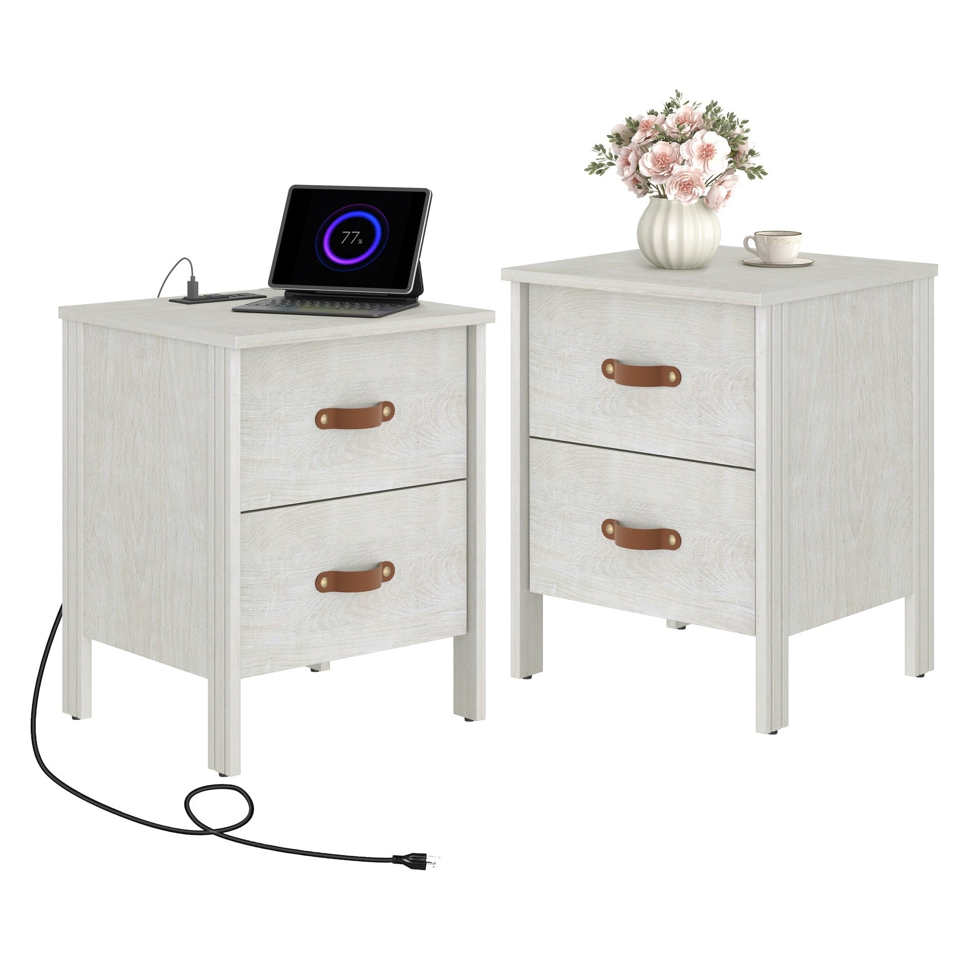 Wampat White Nightstand With Charging Station Bedside Table With 2 Drawer Set 2
