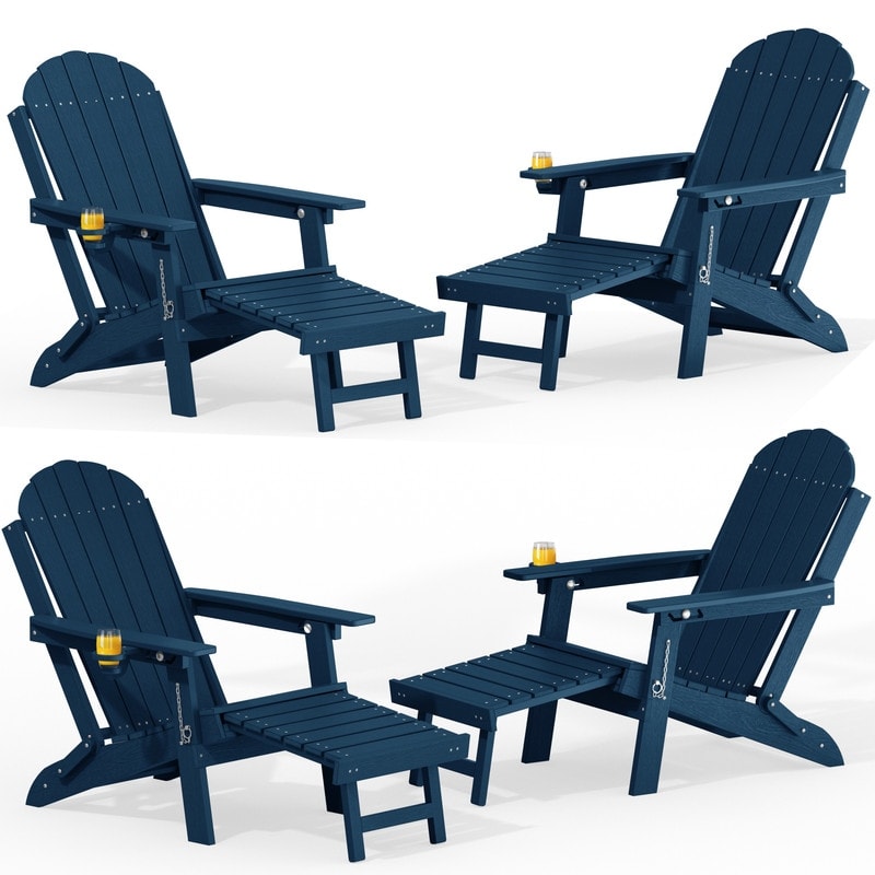 Winsoon Outdoor All Weather Hdpe Folding Adirondack Chair With Ottoman Cup Holder Adjustable Back Set Of 4