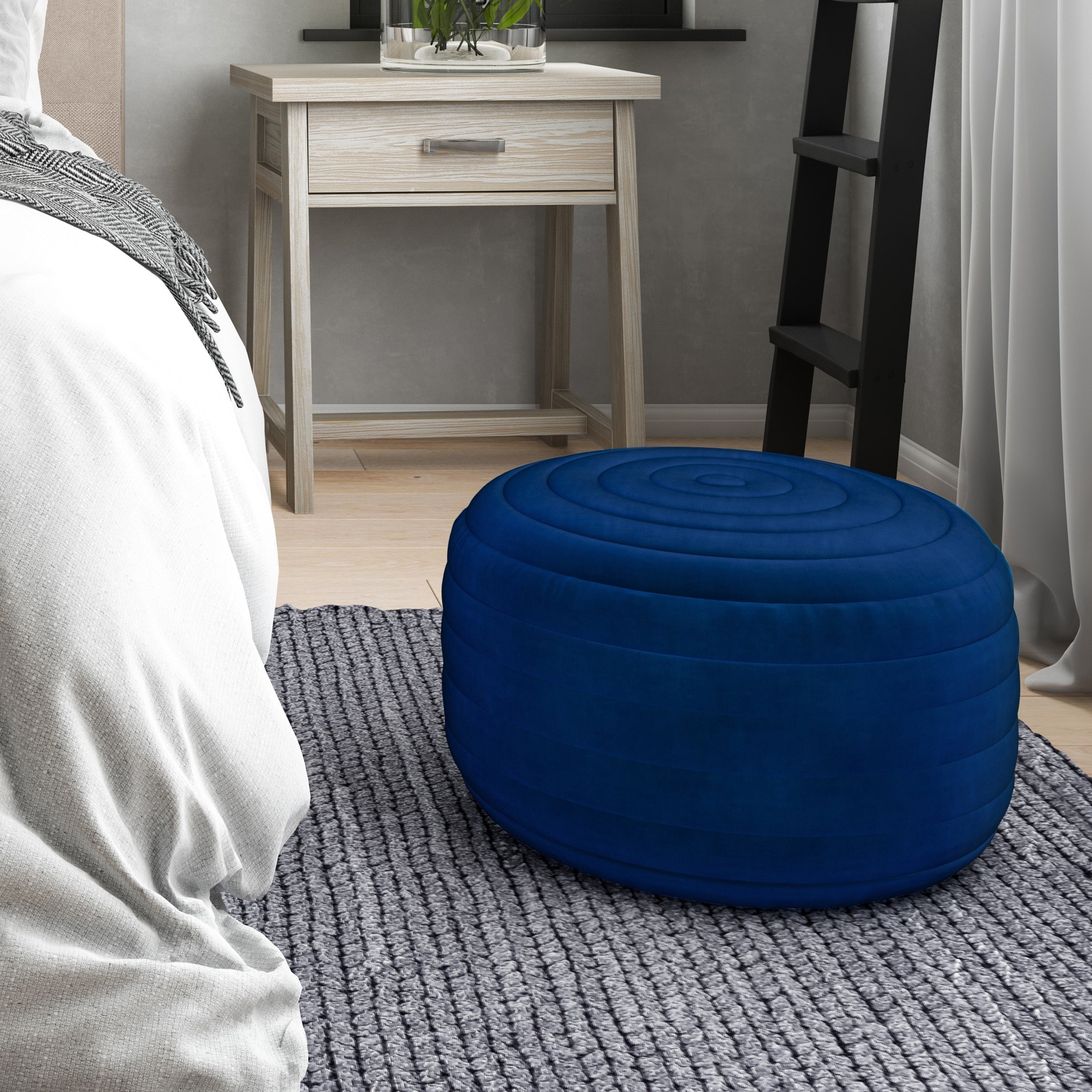 The Curated Nomad Holladay Round Pouf In Turquoise Velvet