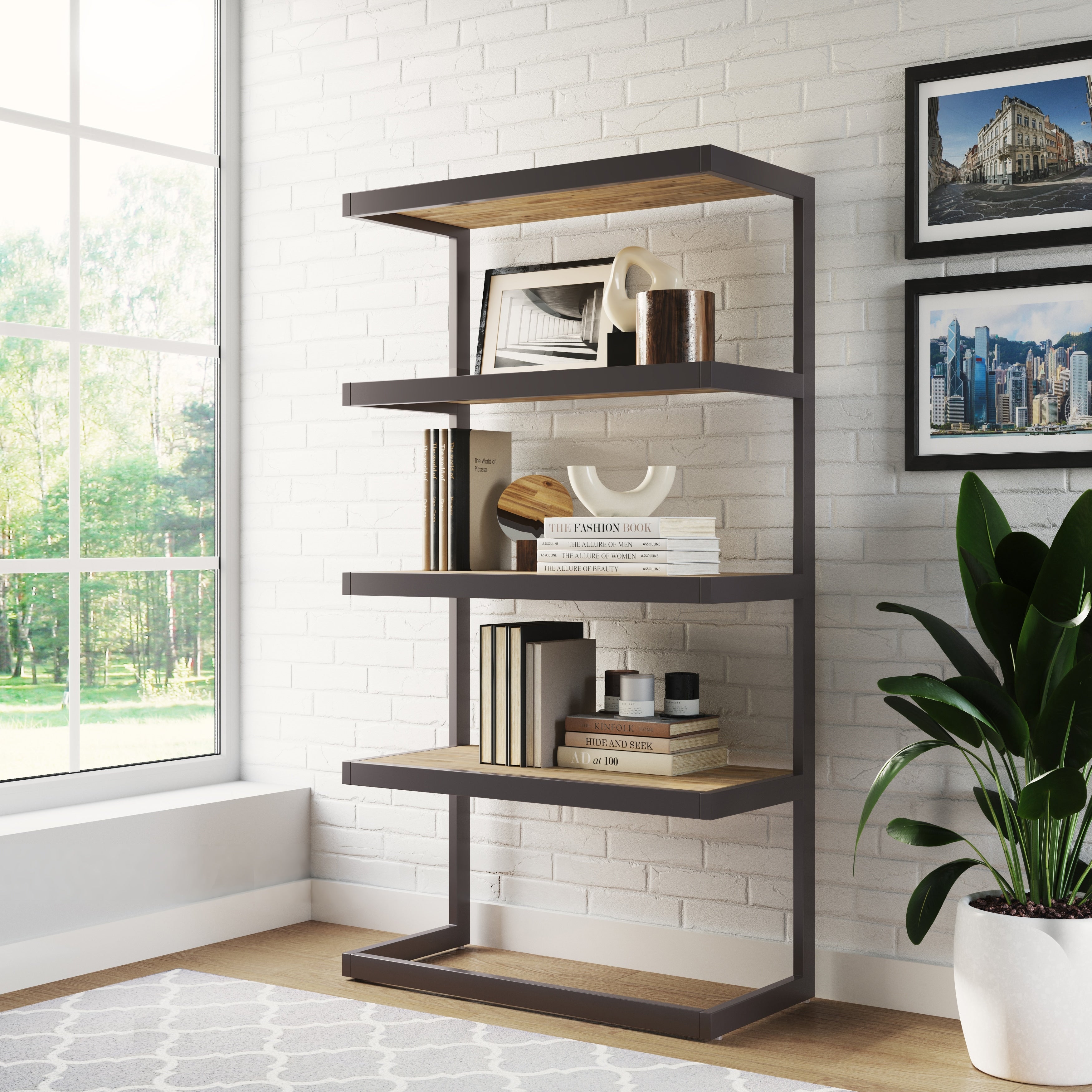 Wyndenhall Cecilia Modern Industrial Solid Acacia Wood Metal Bookcase