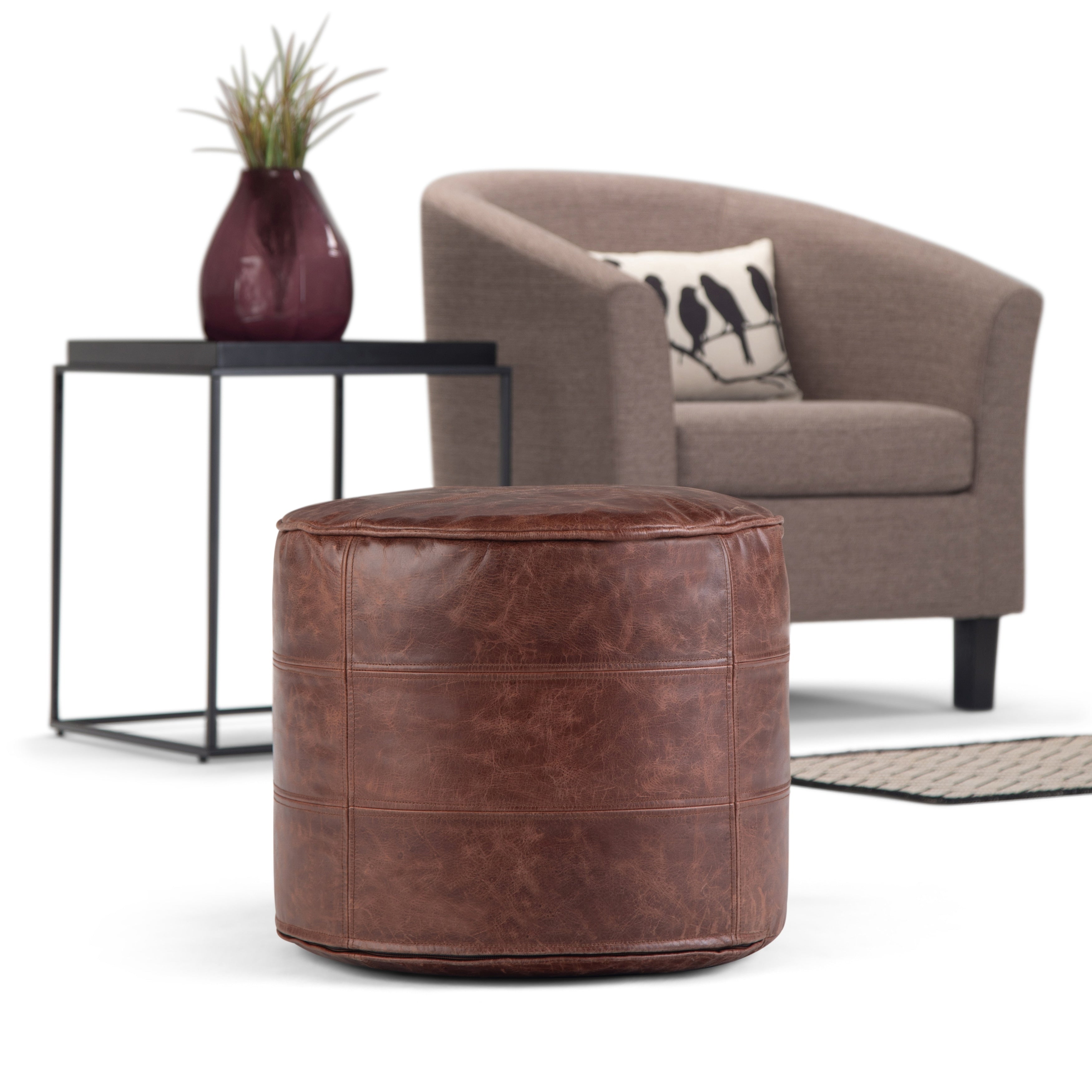 Wyndenhall Darian Transitional Round Pouf In Distressed Brown Leather