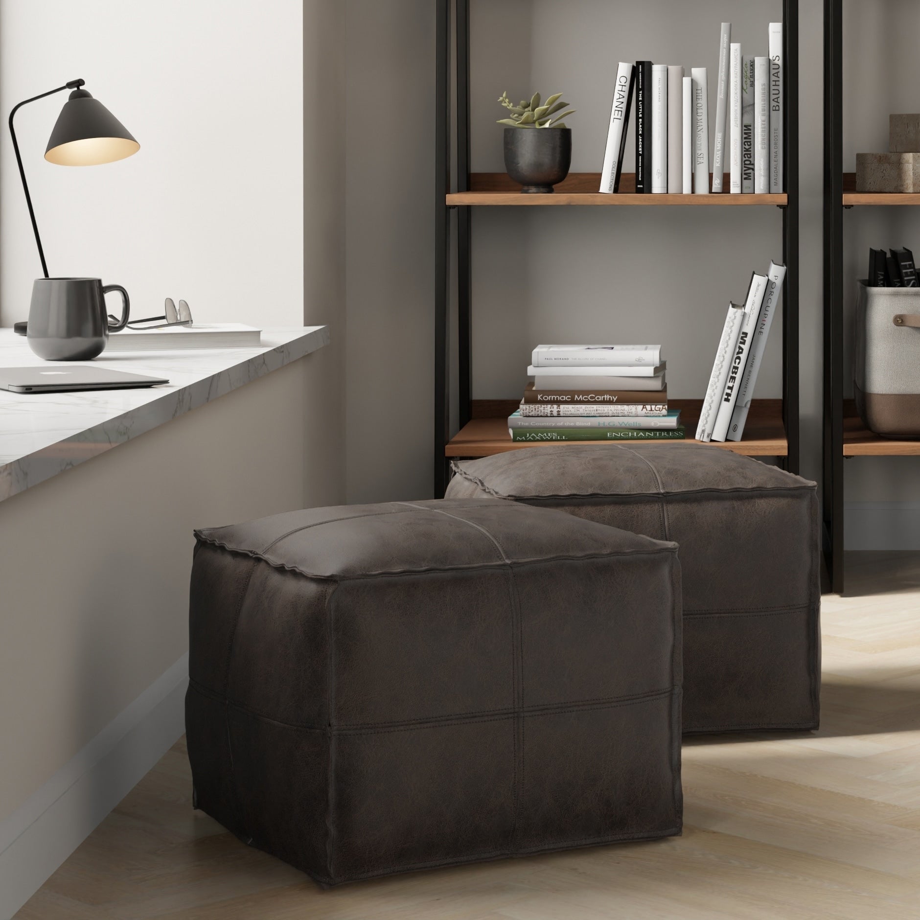Wyndenhall Erving Transitional Square Pouf In Brown Leather
