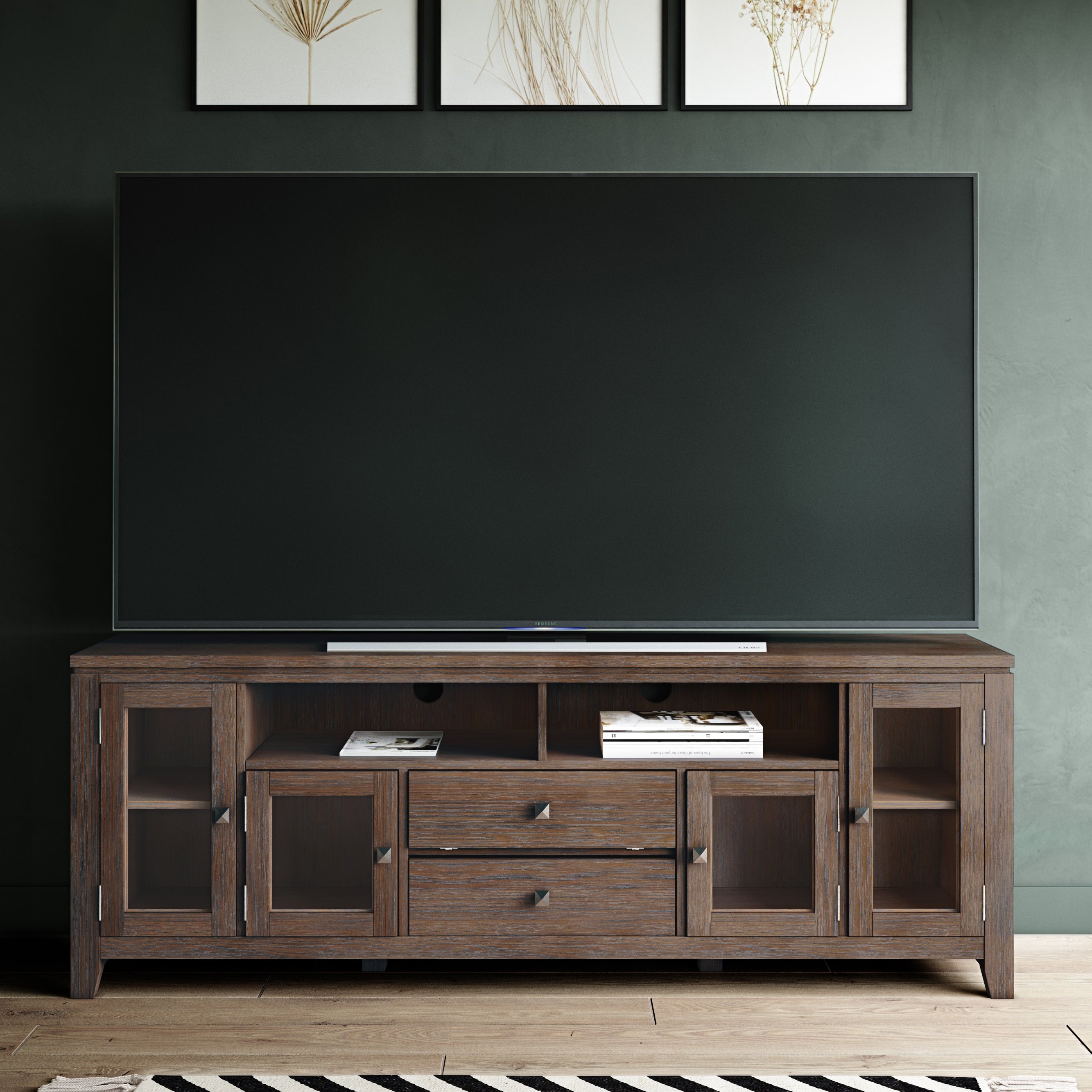 Wyndenhall Essex Solid Wood 72 Inch Wide Contemporary Tv Media Stand In Coffee Brown For Tvs Up To 80 Inches