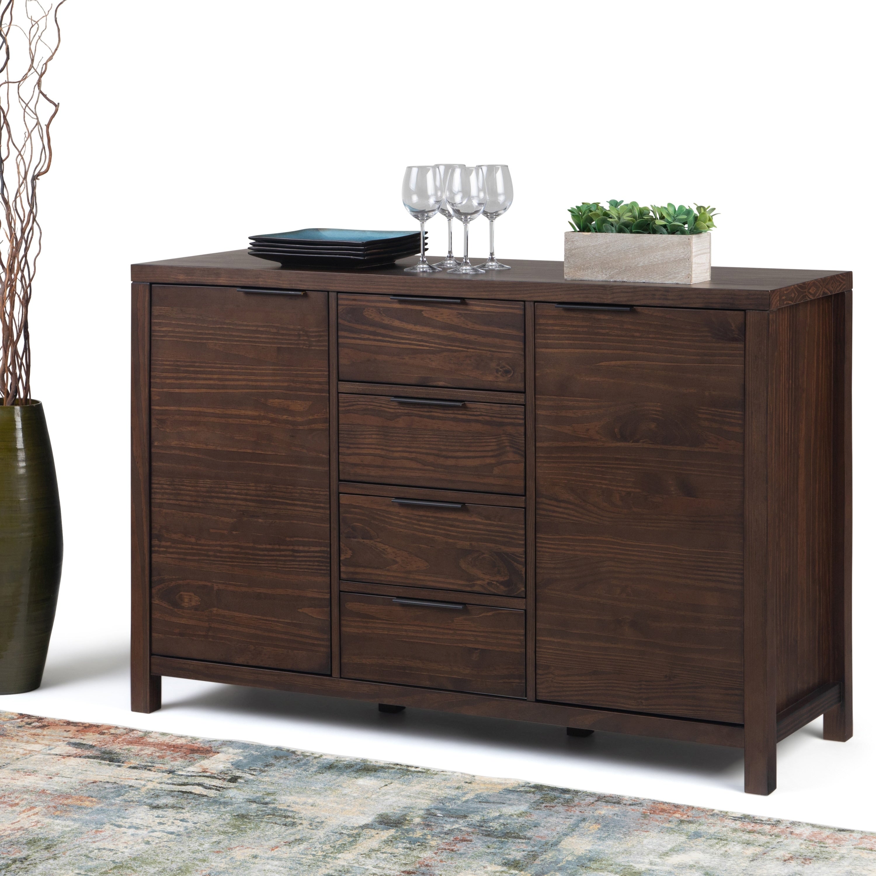 Wyndenhall Fabian Solid Wood 54 Inch Wide Modern Contemporary Sideboard Buffet In Warm Walnut Brown