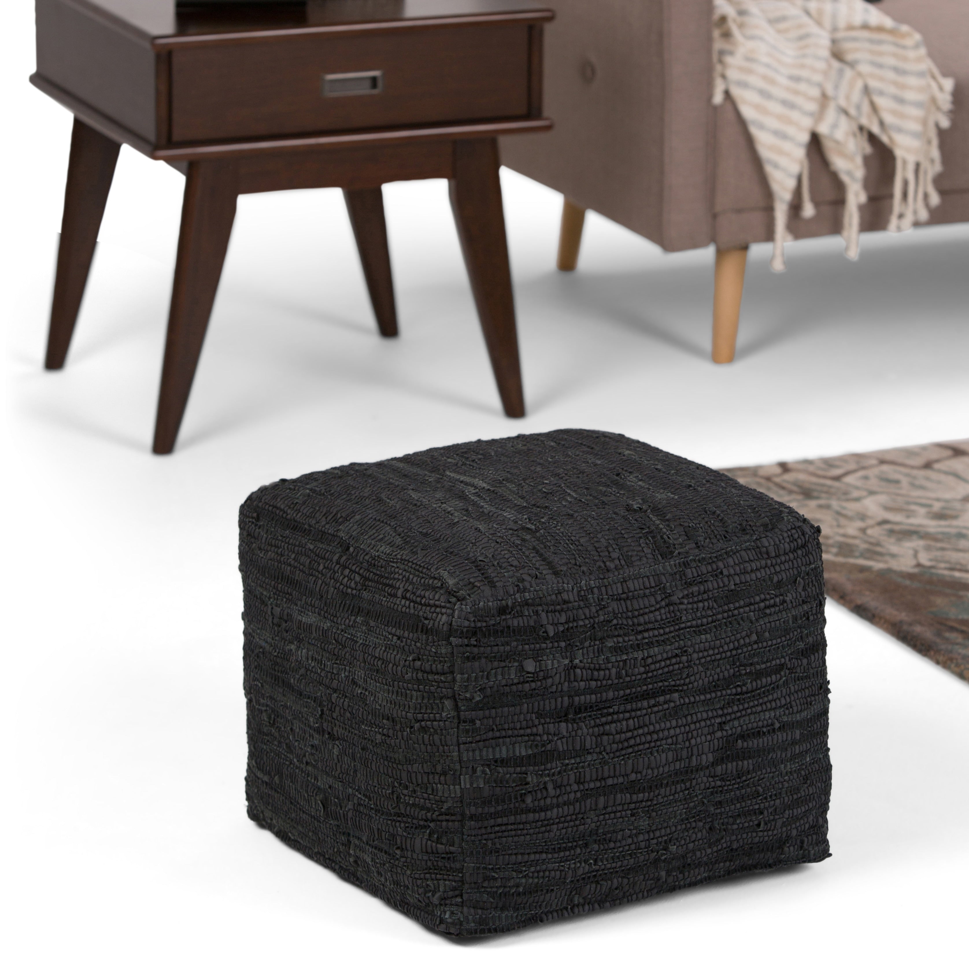 Wyndenhall Garcia Woven Leather Square Pouf