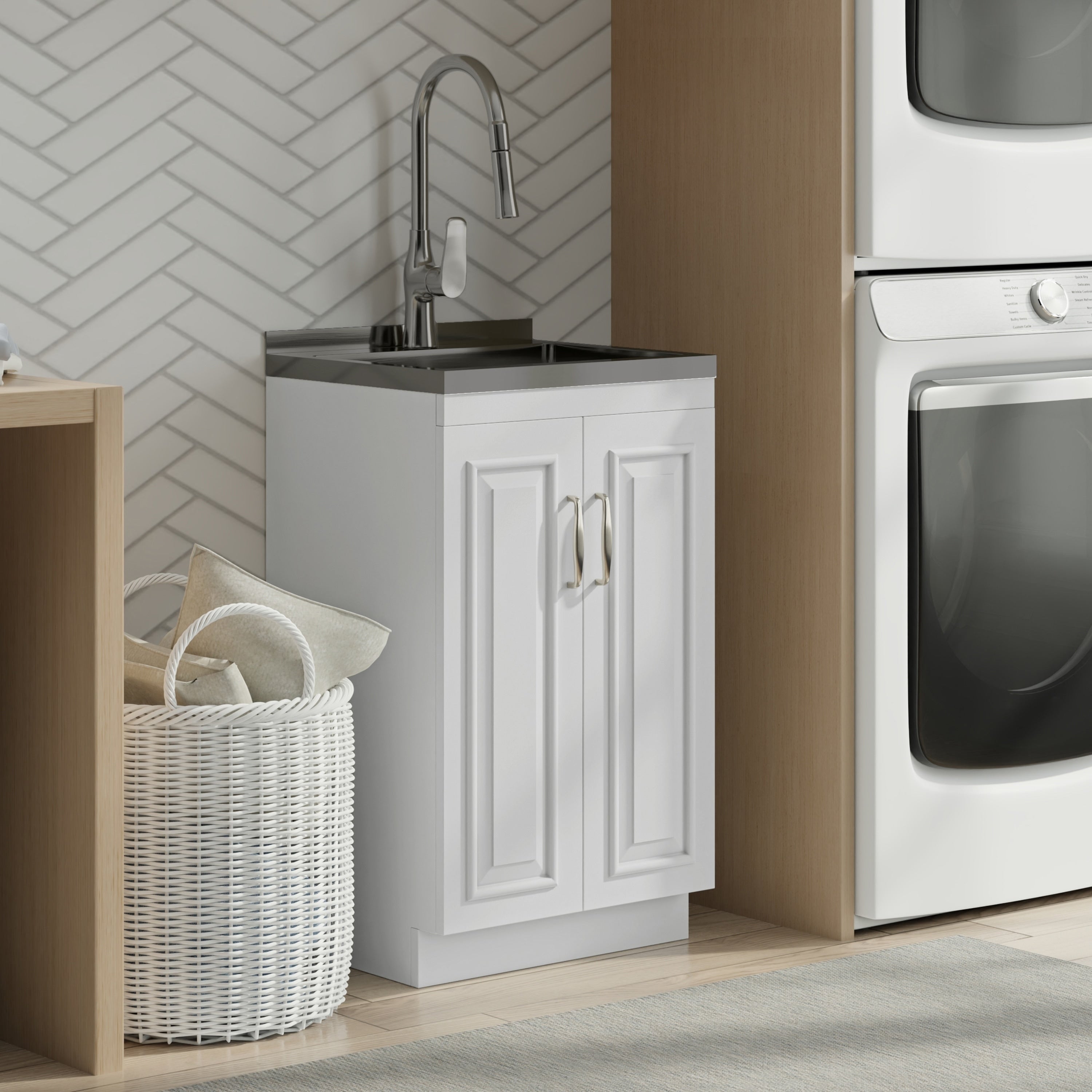 Wyndenhall Gregg 28 Inch All In One Laundry Cabinet With Stainless Steel Sink Pull Out Faucet White