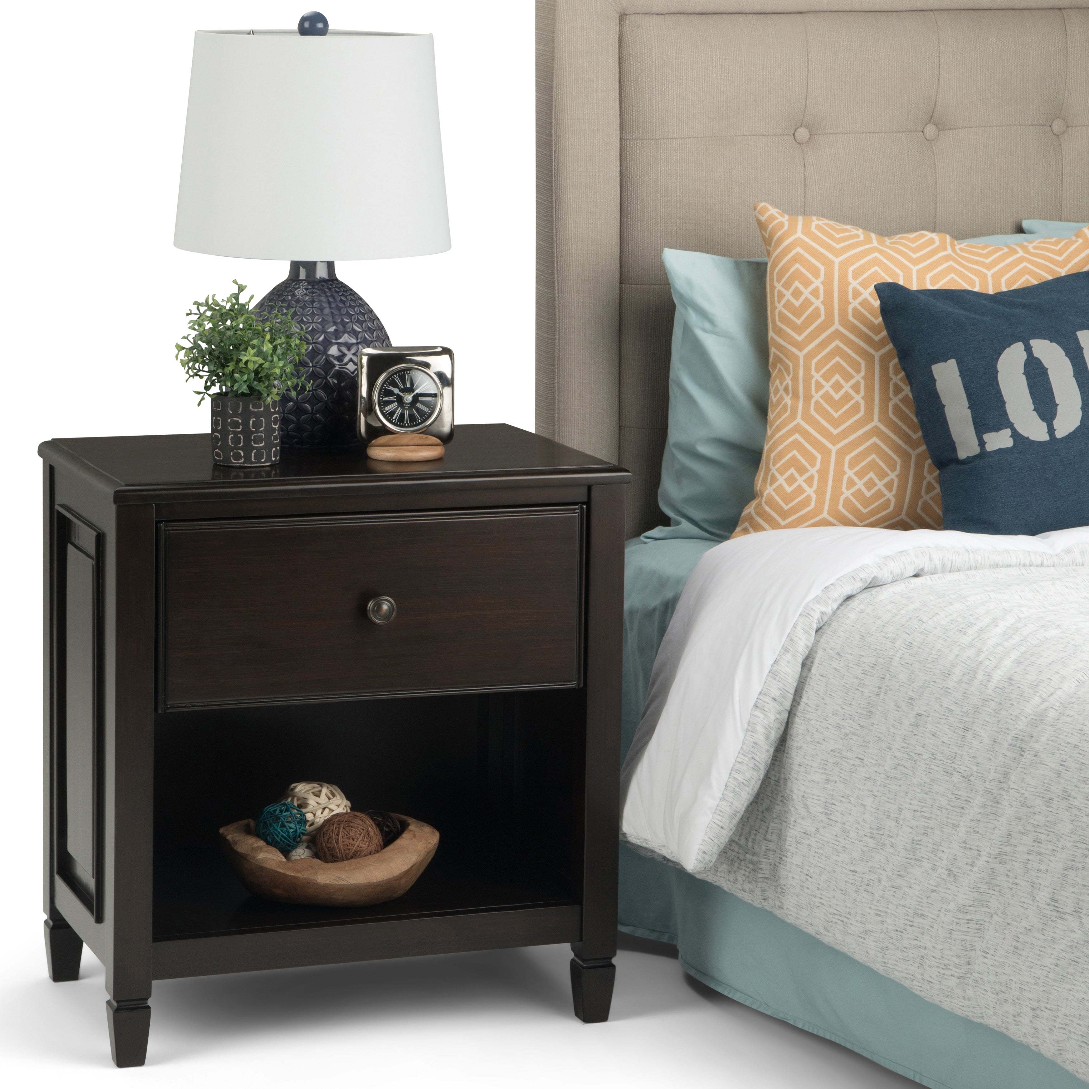 Wyndenhall Hampshire Solid Wood 24 Inch Wide Transitional Bedside Nightstand Table In Dark Chestnut Brown