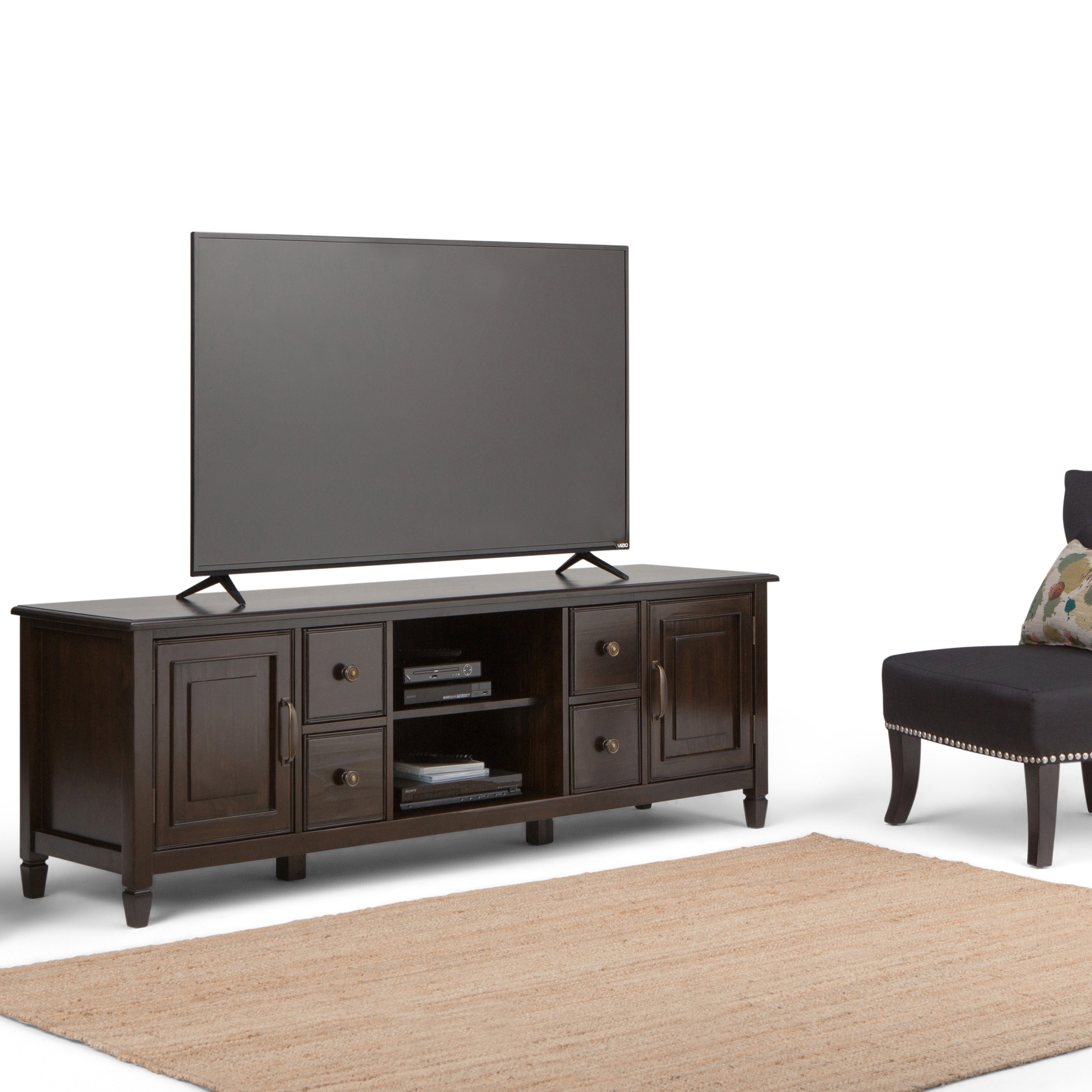 Wyndenhall Hampshire Solid Wood 72 Inch Wide Traditional Tv Media Stand In Dark Chestnut Brown For Tvs Up To 80 Inches