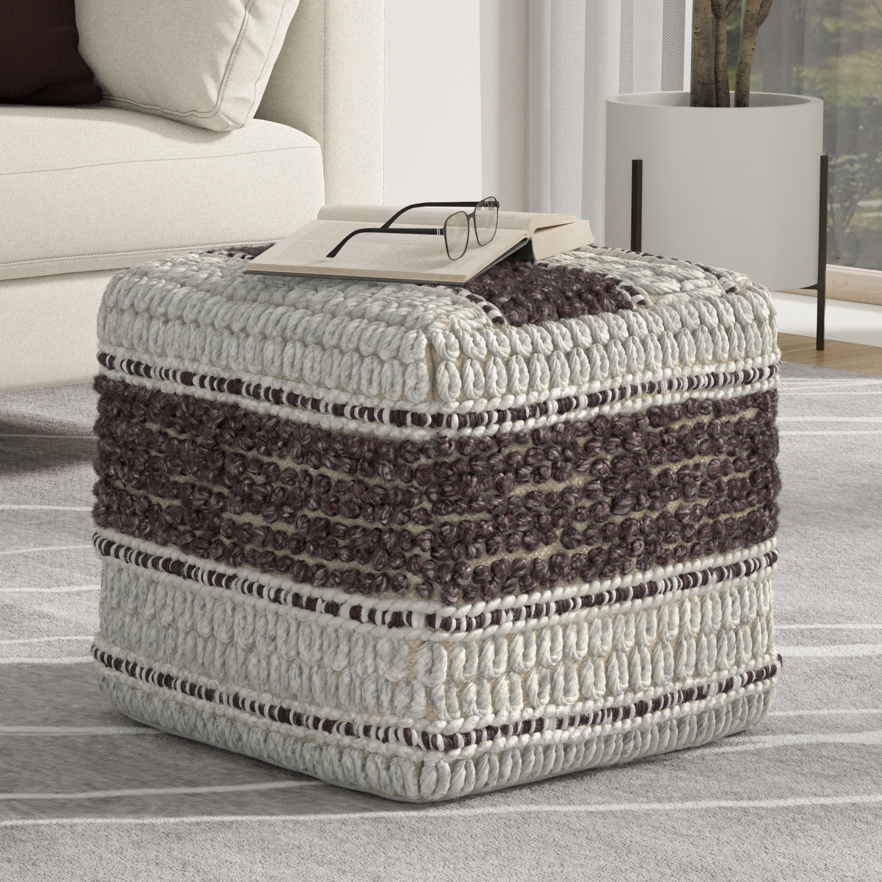 The Curated Nomad Holladay Square Pouf In Blue Natural Handloom Woven Pattern