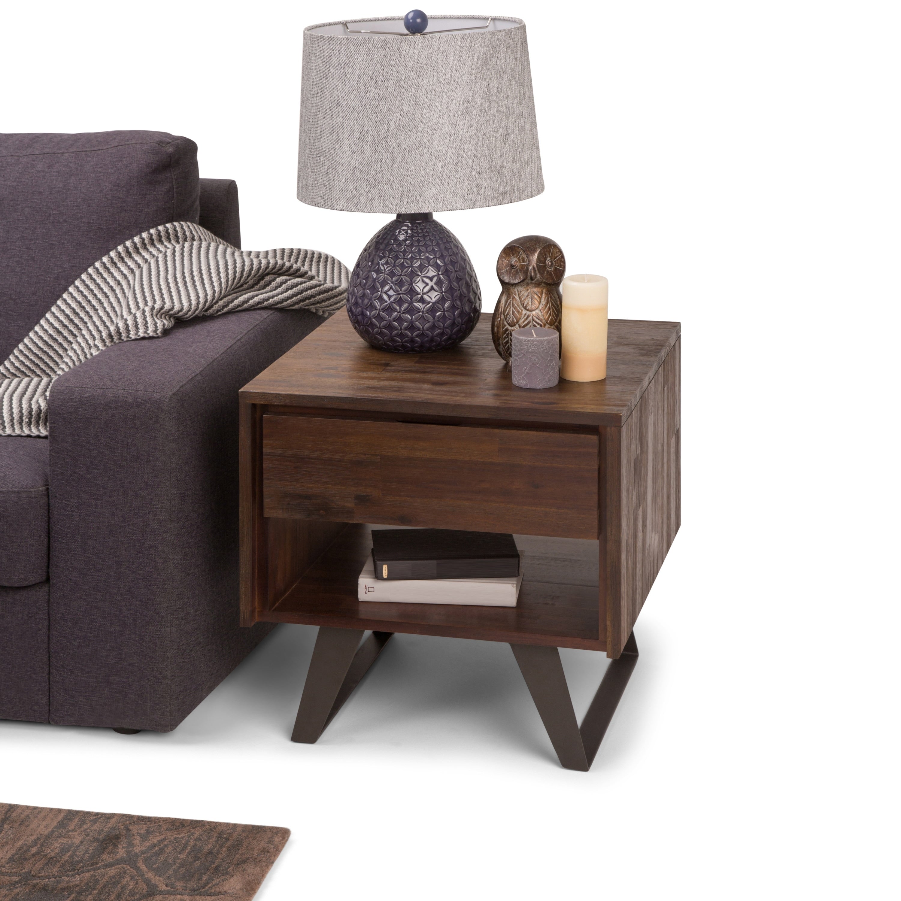 Wyndenhall Mitchell Solid Acacia Wood Metal 22 Inch Wide Square Modern Industrial End Table In Distressed Charcoal Brown