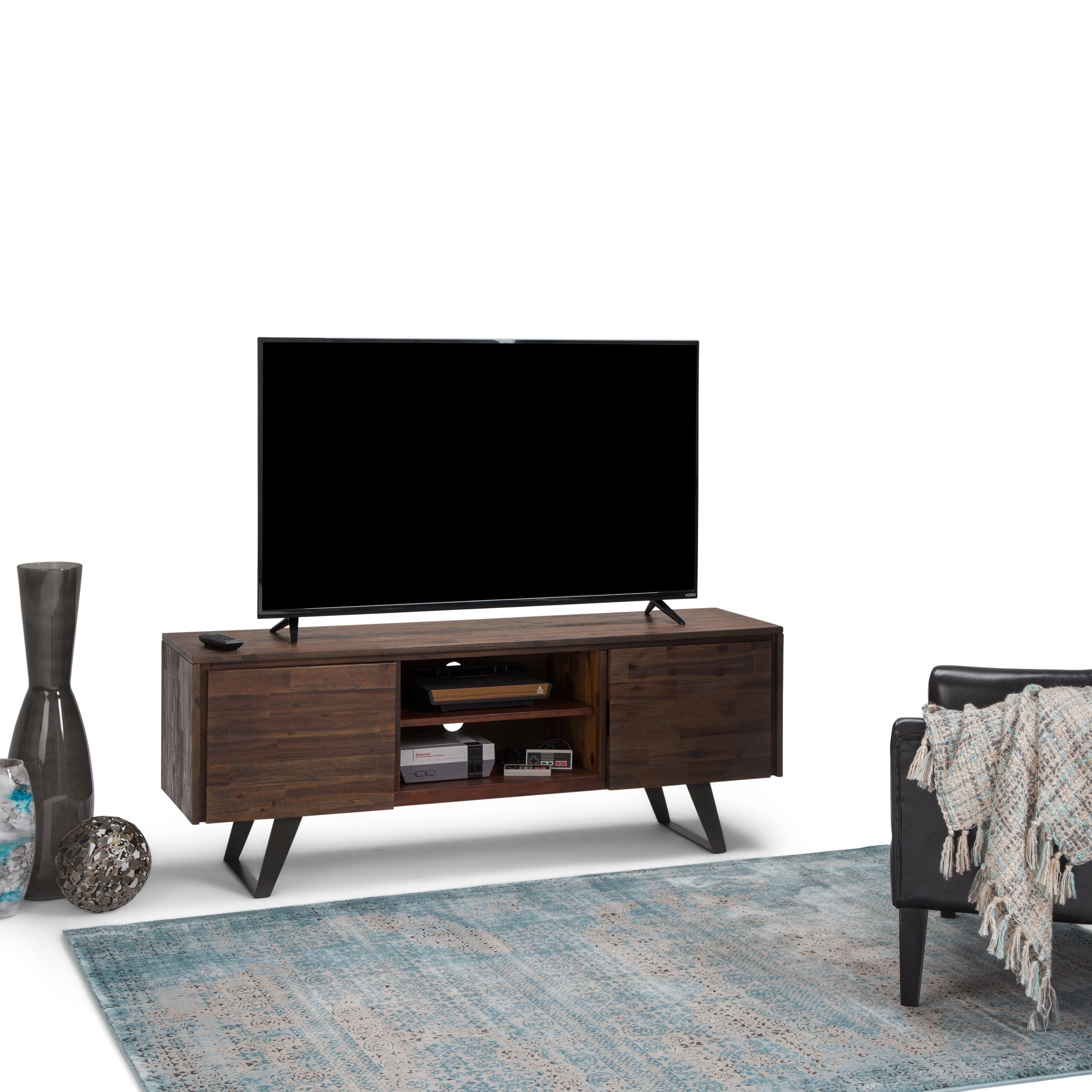 Wyndenhall Mitchell Solid Acacia Wood 63 Inch Industrial Tv Media Stand In Distressed Charcoal Brown For Tvs Up To 65 Inches