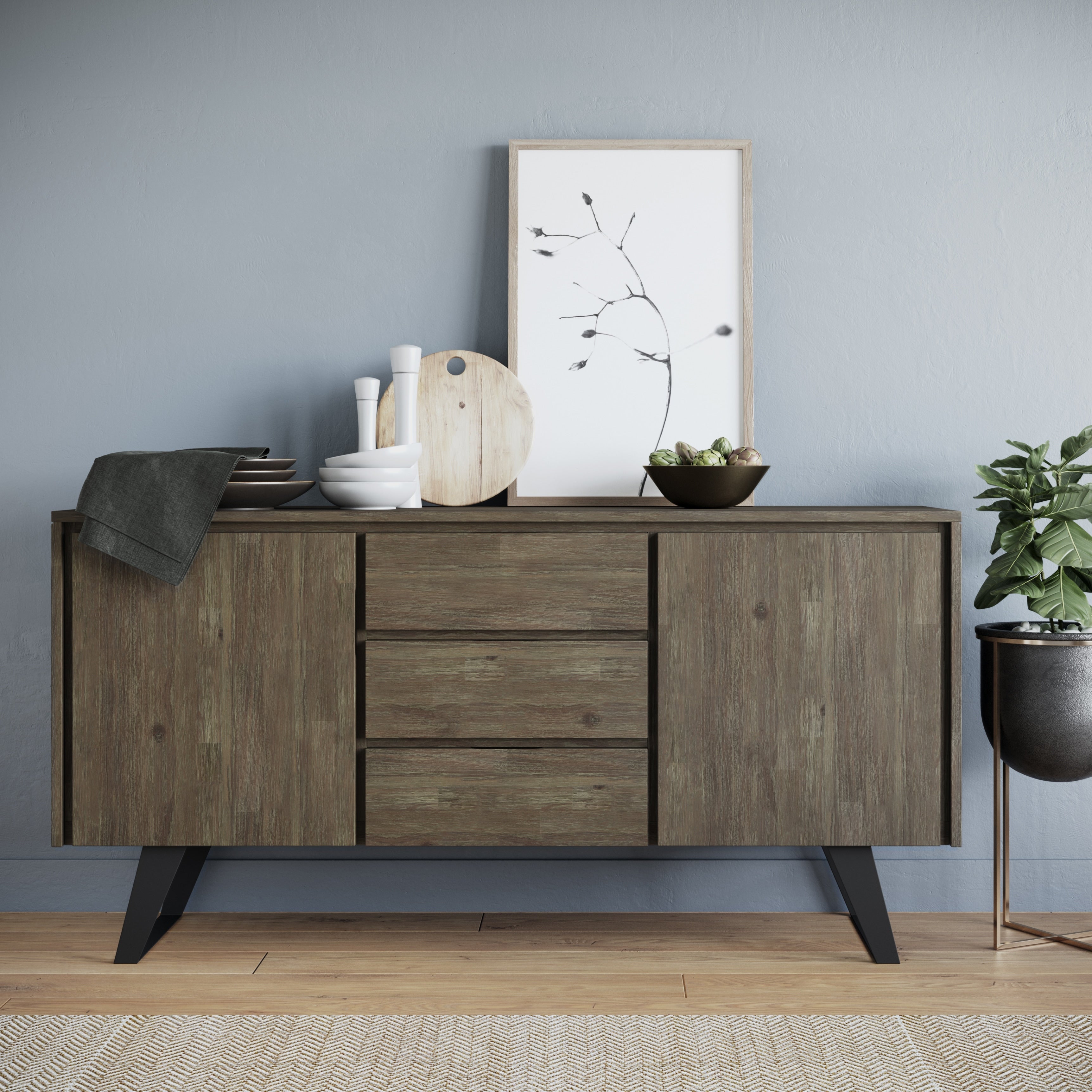 Wyndenhall Mitchell Solid Acacia Wood And Metal 60 Inch Wide Modern Industrial Sideboard Buffet In Distressed Charcoal Brown