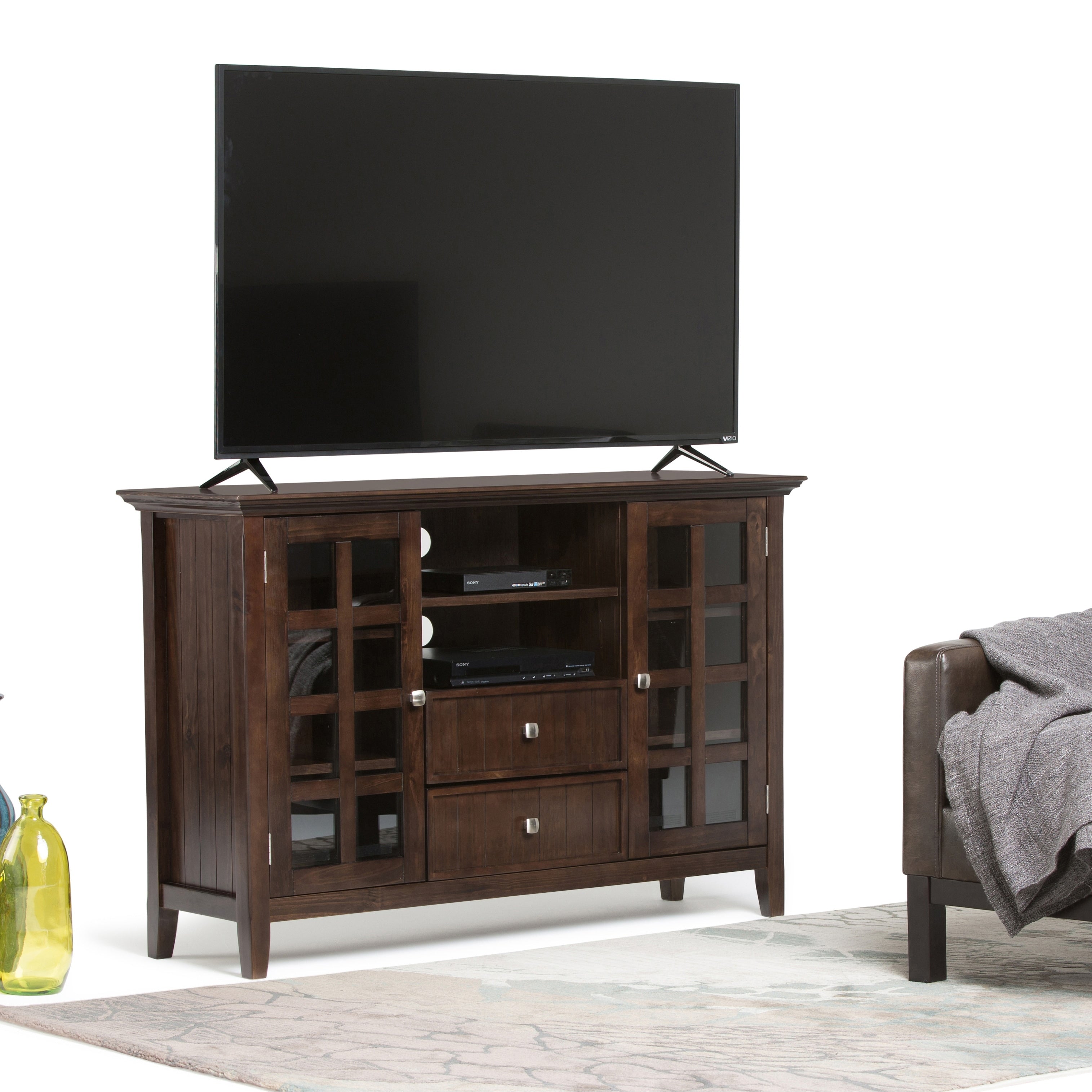 Wyndenhall Normandy Solid Wood Tall 53 Inch Wide Rustic Tv Media Stand In Tobacco Brown For Tvs Up To 55 Inches