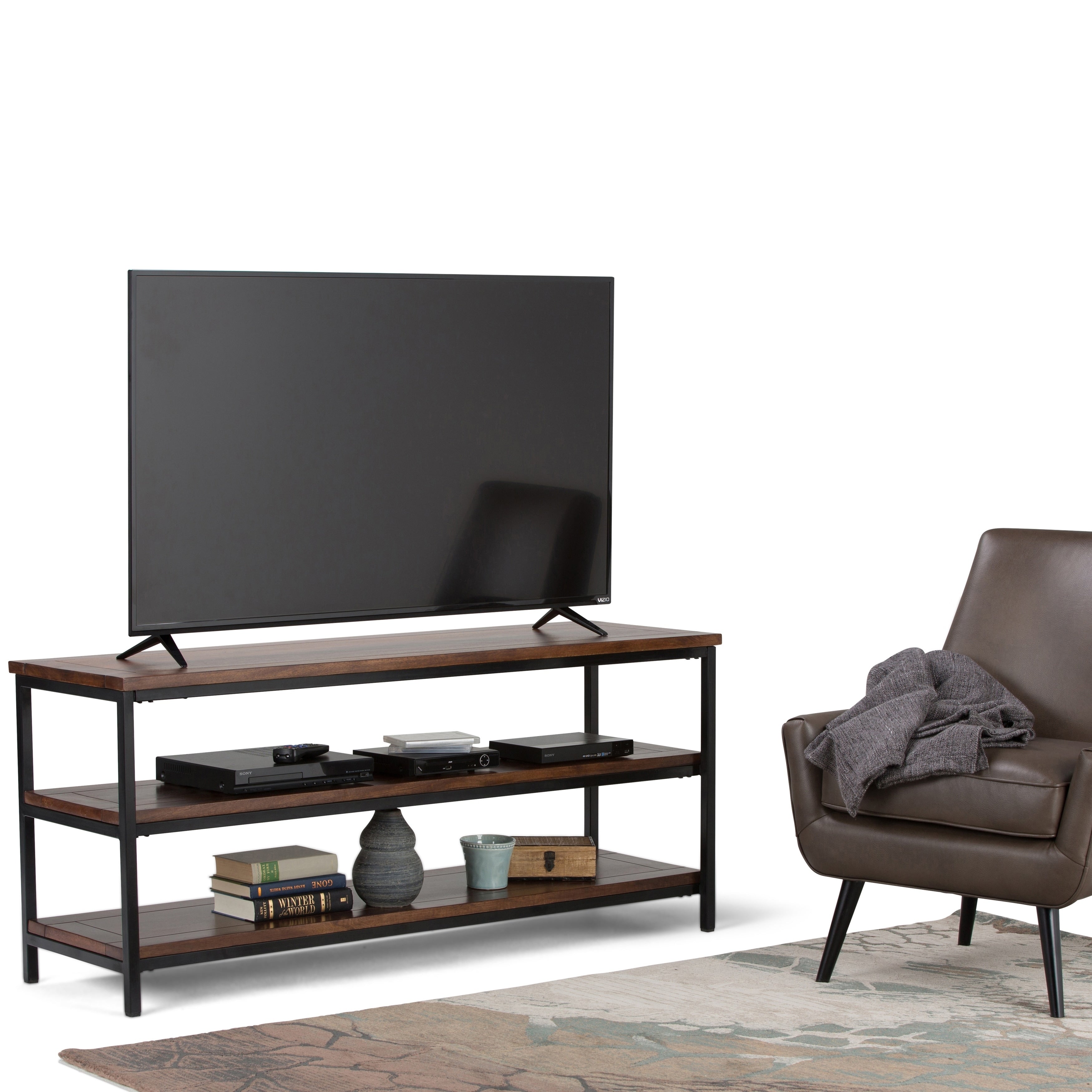 Wyndenhall Rhonda Solid Mango Wood 60 Inch Wide Modern Industrial Tv Media Stand In Dark Cognac Brown For Tvs Up To 65 Inches
