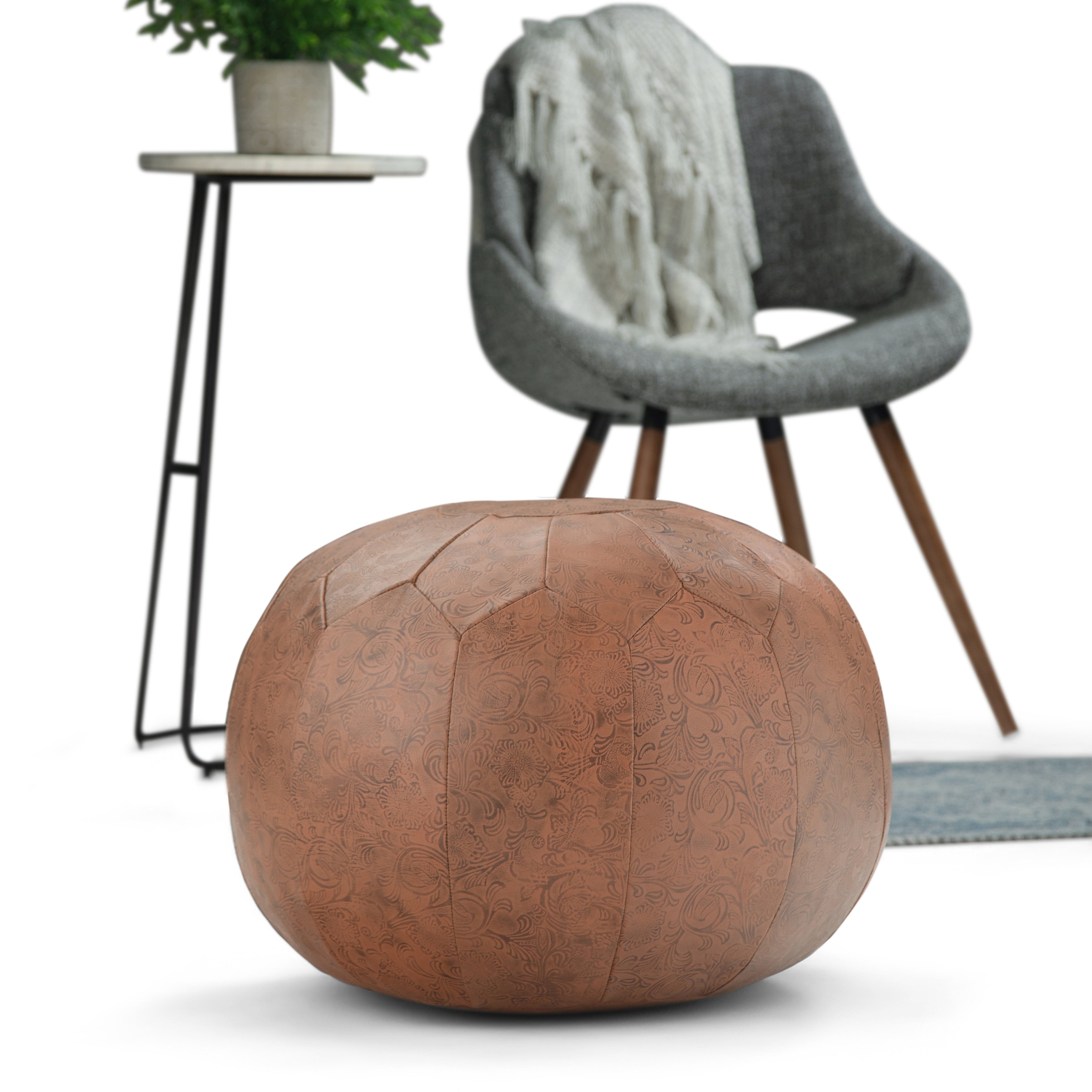 Wyndenhall Rogen Transitional Round Pouf In Brown Patterened Leather
