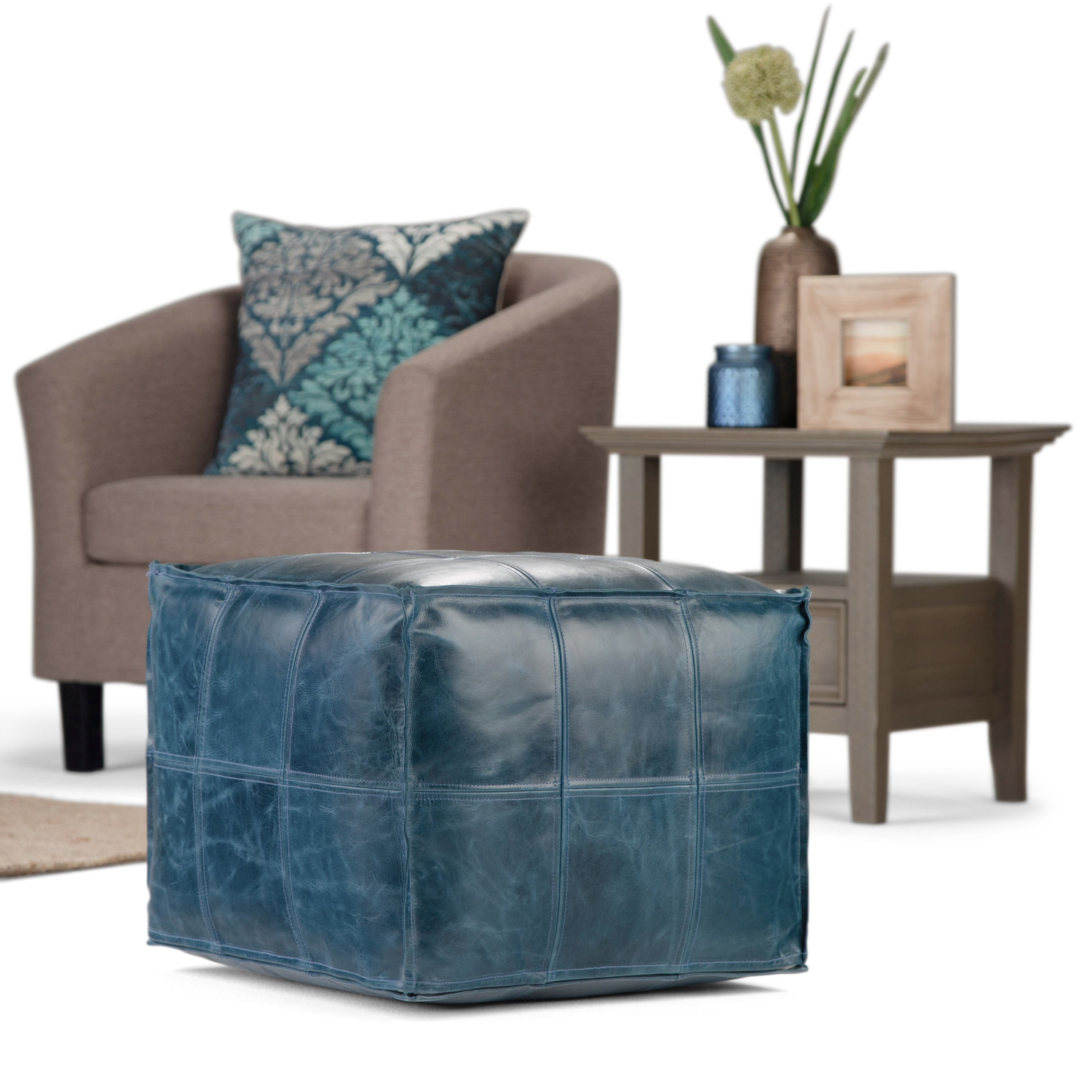 Rubin Contemporary Square Pouf In Teal Leather