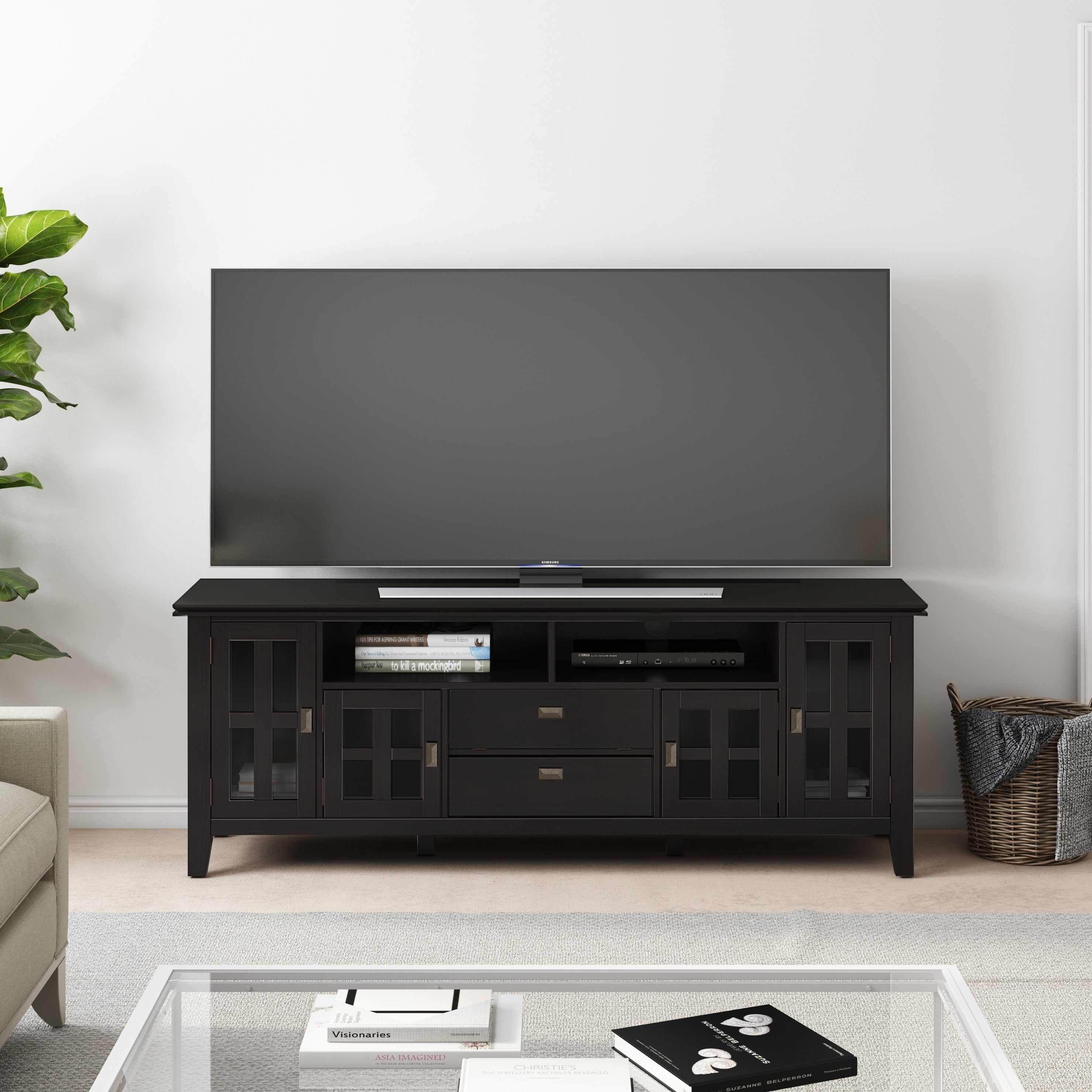Wyndenhall Stratford Solid Wood 72 Inch Wide Contemporary Tv Media Stand In Medium Auburn Brown For Tvs Up To 80 Inches