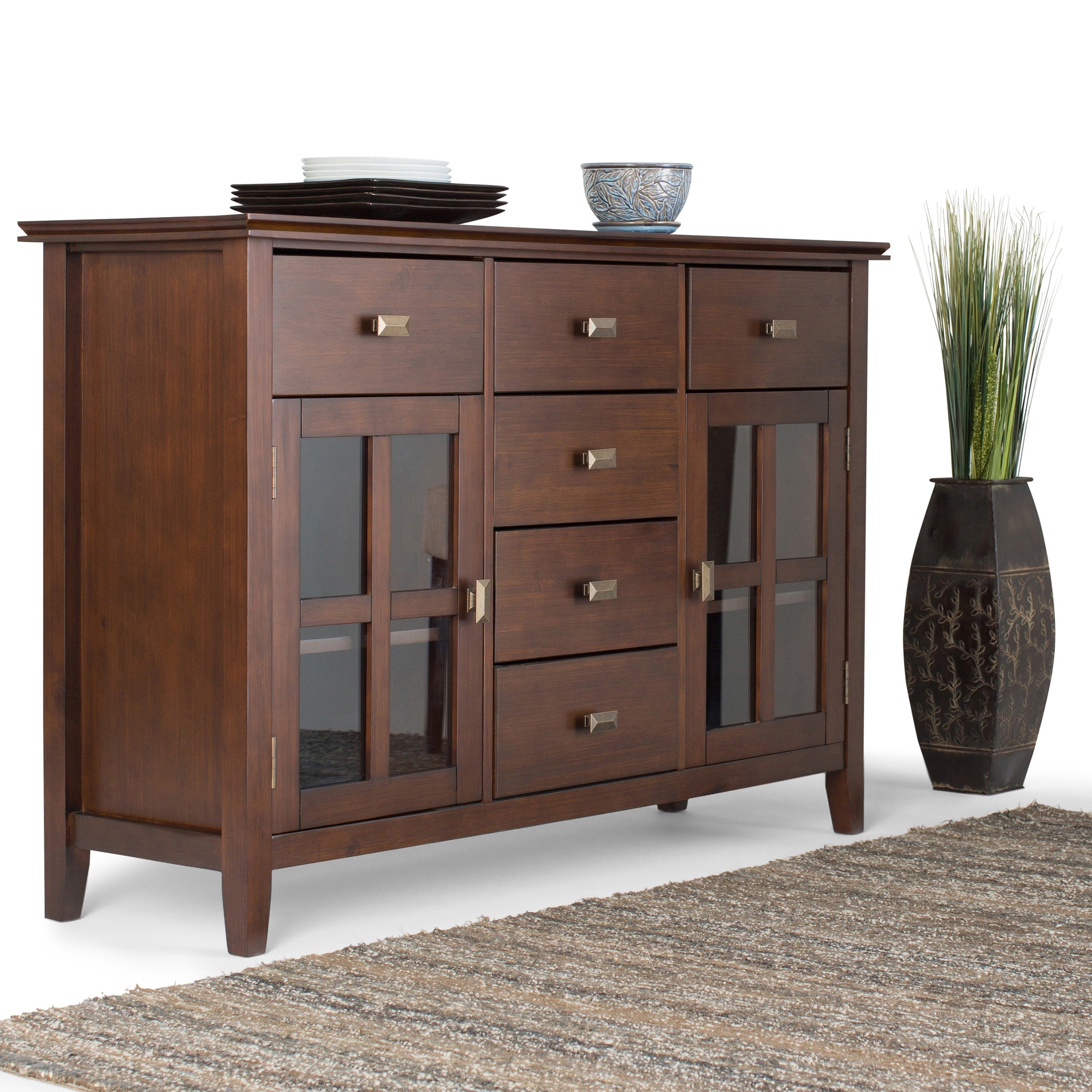 Wyndenhall Stratford Solid Wood 54 Inch Wide Contemporary Sideboard Buffet Credenza In Medium Auburn Brown