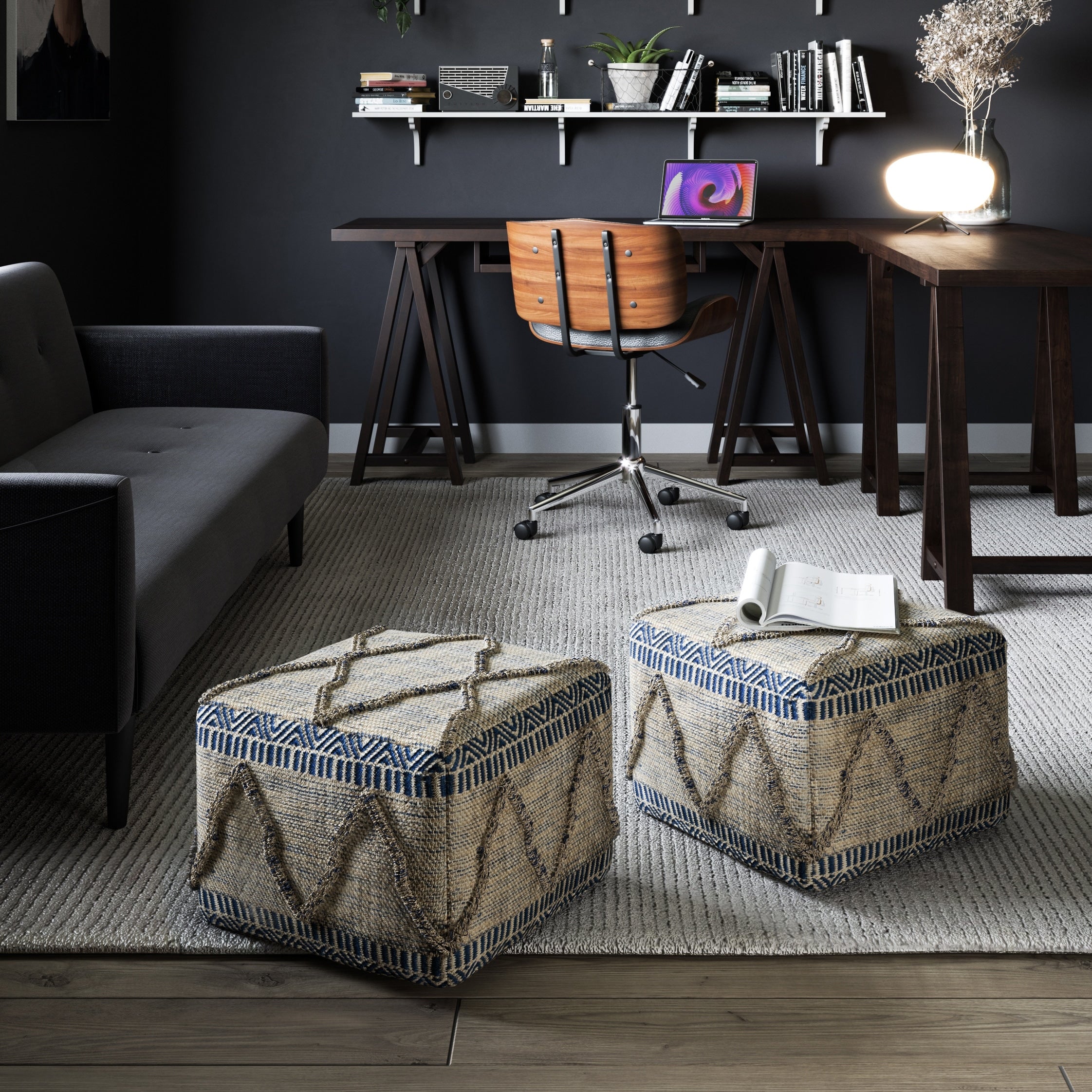 The Curated Nomad Holladay Square Pouf In Grey Natural Handloom Woven Pattern