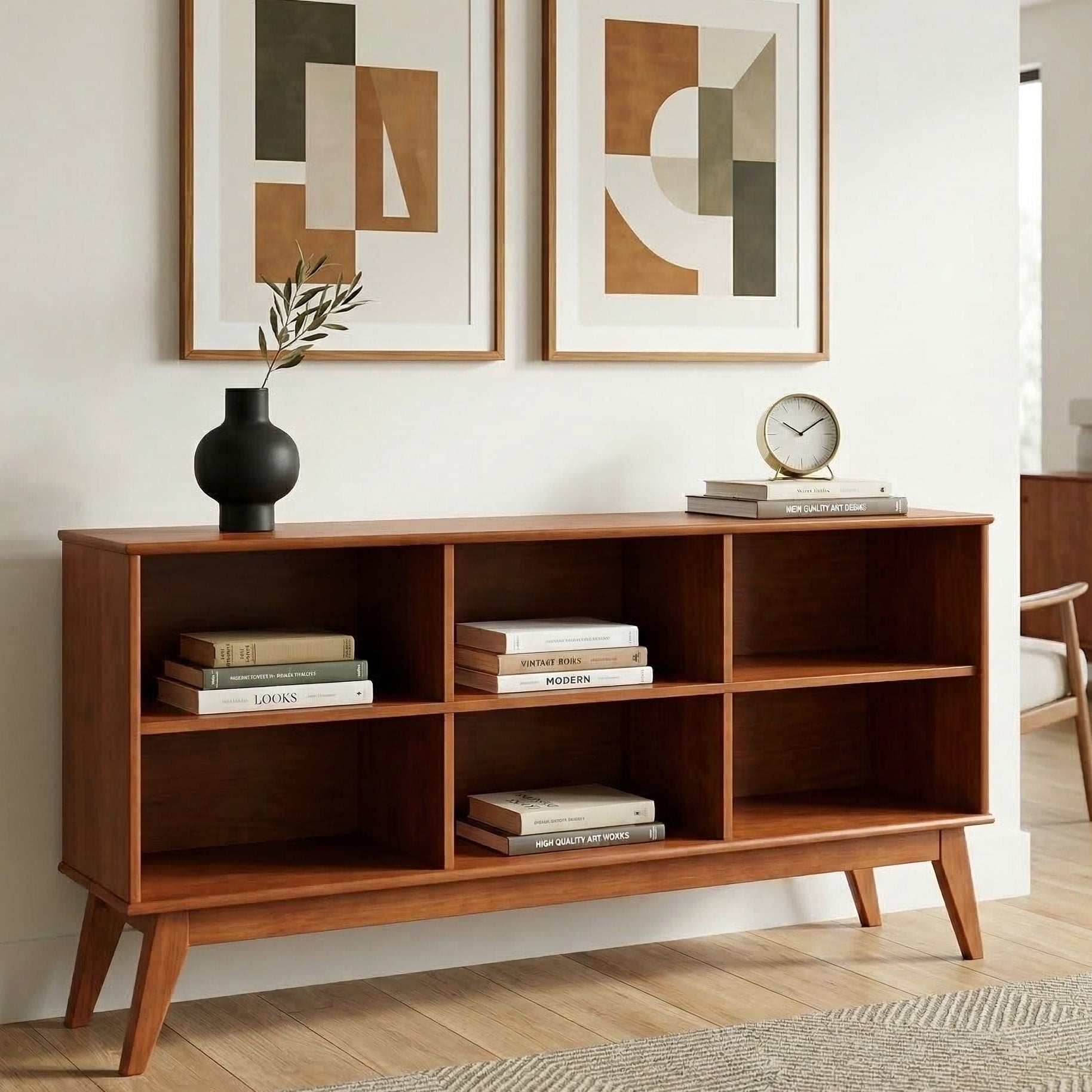 Wyndenhall Tierney 76 Inch Wide Solid Wood Mid Century 6 Shelf Low Bookcase In Teak Brown 14 D X 76 W X 30 H