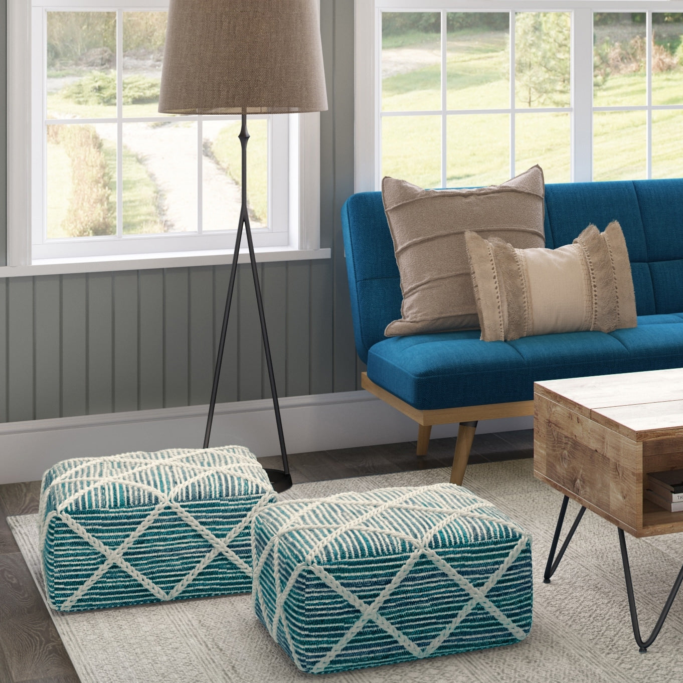 The Curated Nomad Holladay Square Pouf In Blue Natural Handloom Woven Pattern