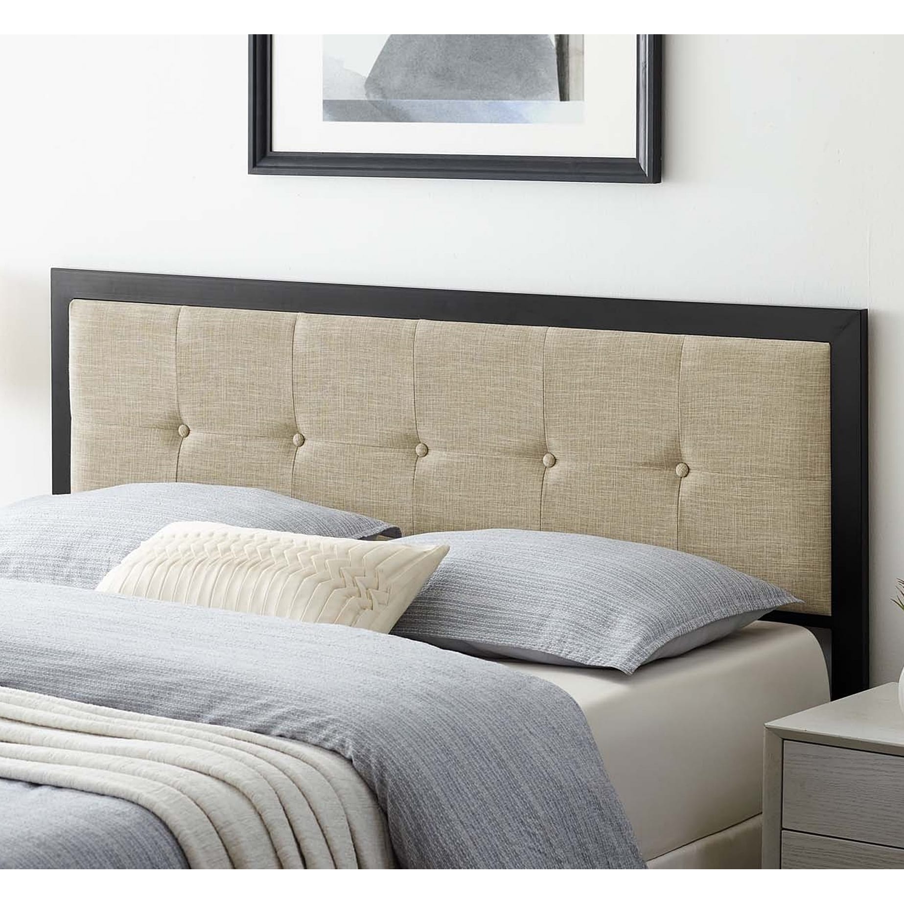 Waldorf Modern Beige Fabric Button Tufted Upholstered Full Size Metal Headboard