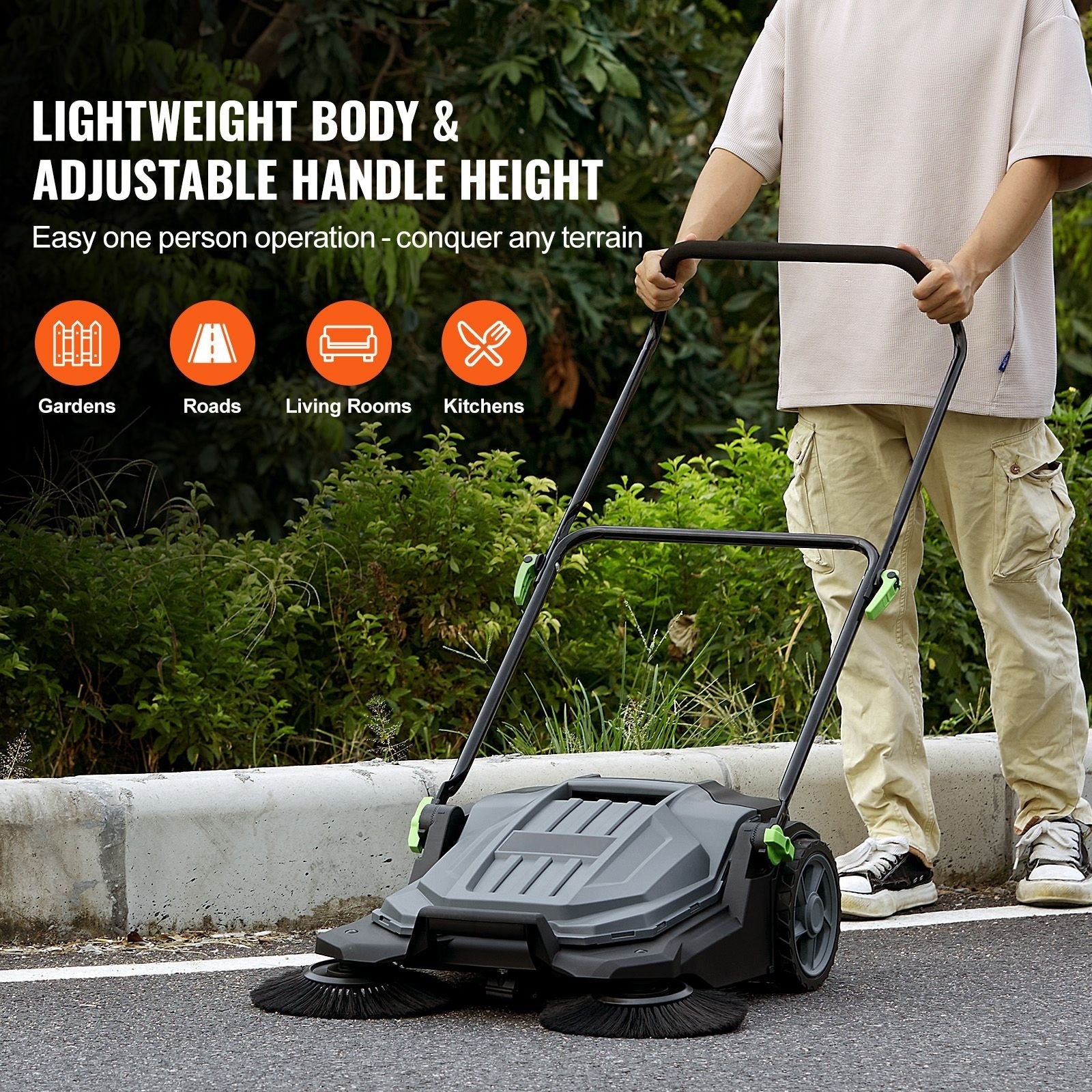 Walk Behind Hand Push Floor Sweeper Angle Height Adjustable Folding Handle