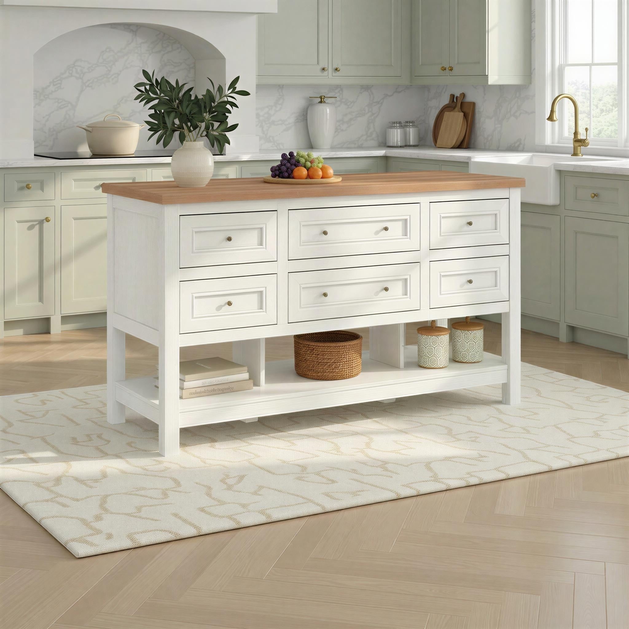 Walker Edison Modern Free Standing Kitchen Island With 6 Drawers White