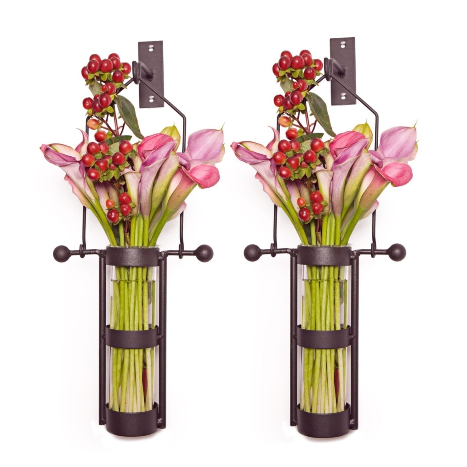 Wall Mount Hanging Glass Cylinder Vase Set With Metal Cradle And Hook