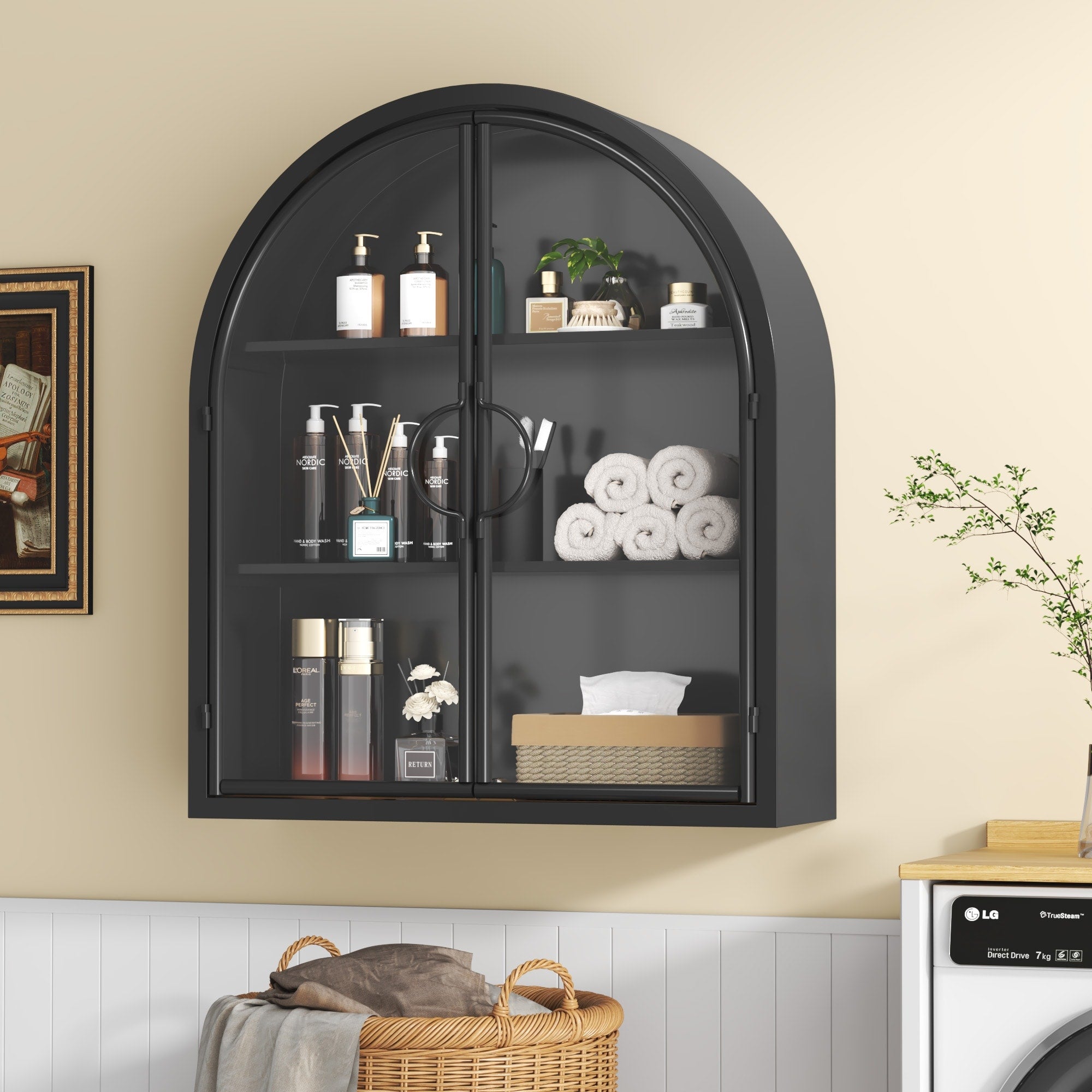 Wall Mounted Arched Display Cabinet With Tempered Glass Doors No Assembly Required 22.8 W 26.8 H 7.5 D