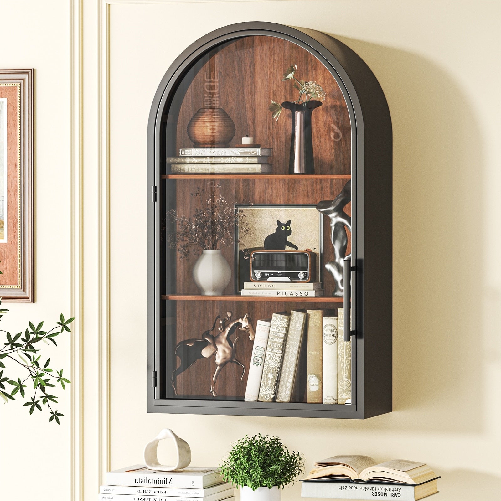 Wall Mounted Arched Storage Cabinet With Tempered Glass Doors 26.8 H X 15.8 W 7.5 D