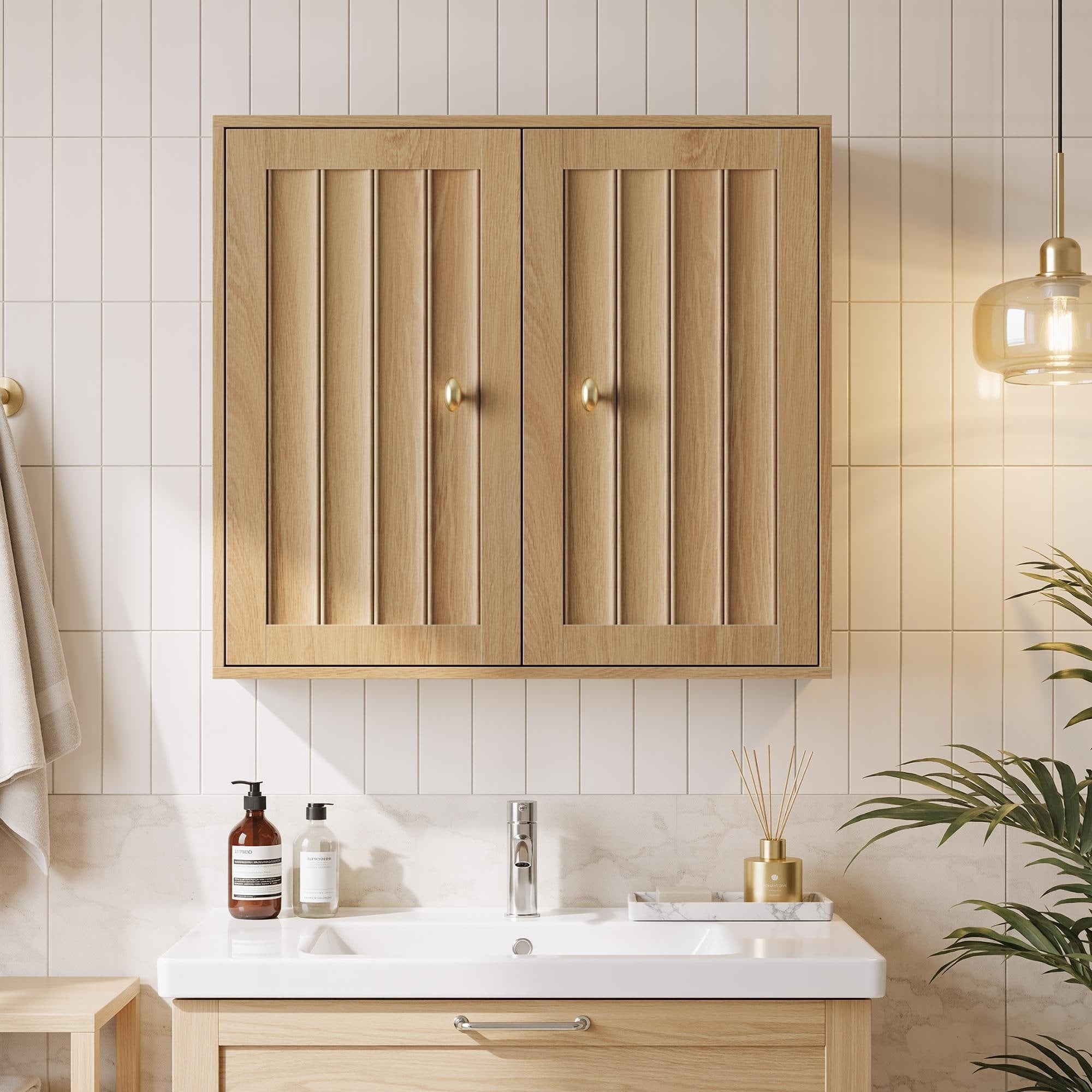 Wall Mounted Bathroom Cabinet Double Door Medicine Cabinet With Vertical Grooved Design Wall Mounted Storage Cabinet