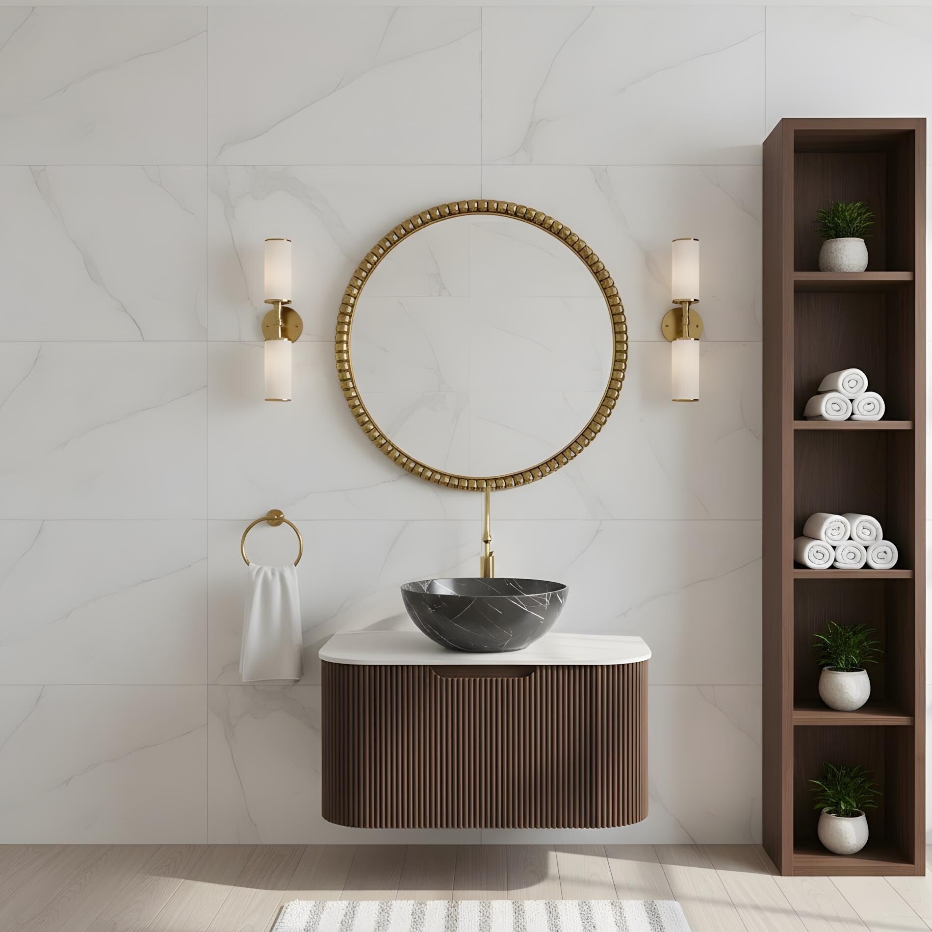 Wall Mounted Bathroom Vanity With Black Bowl Ceramic Basin