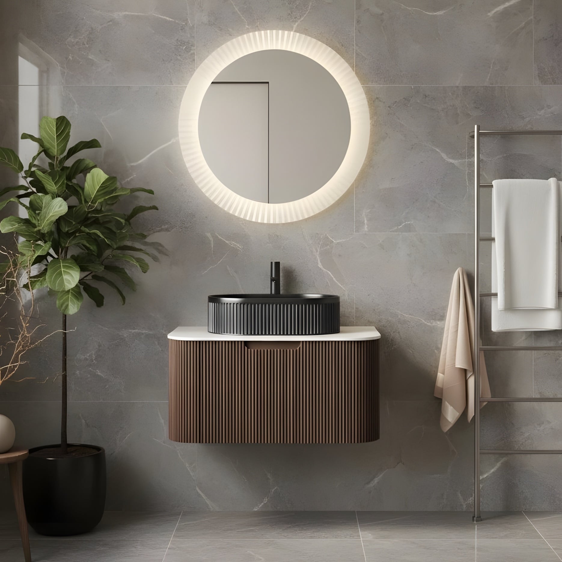 Wall Mounted Bathroom Vanity With Black Oval Ceramic Basin