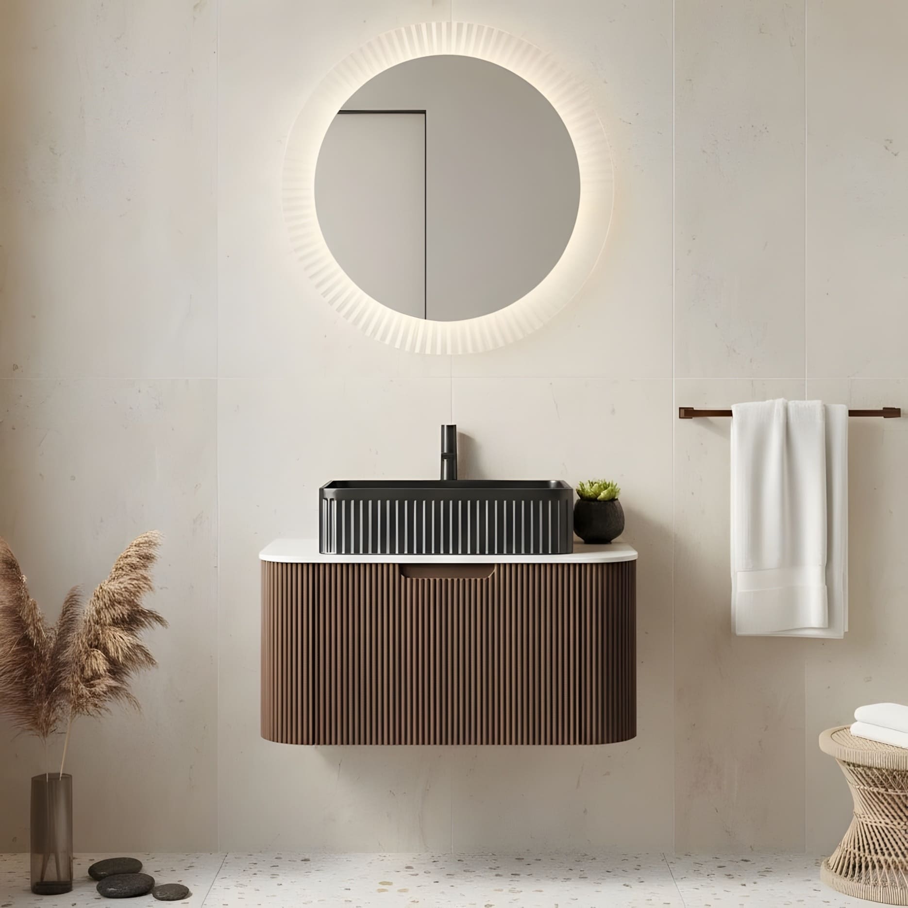 Wall Mounted Bathroom Vanity With Black Rectangular Ceramic Basin