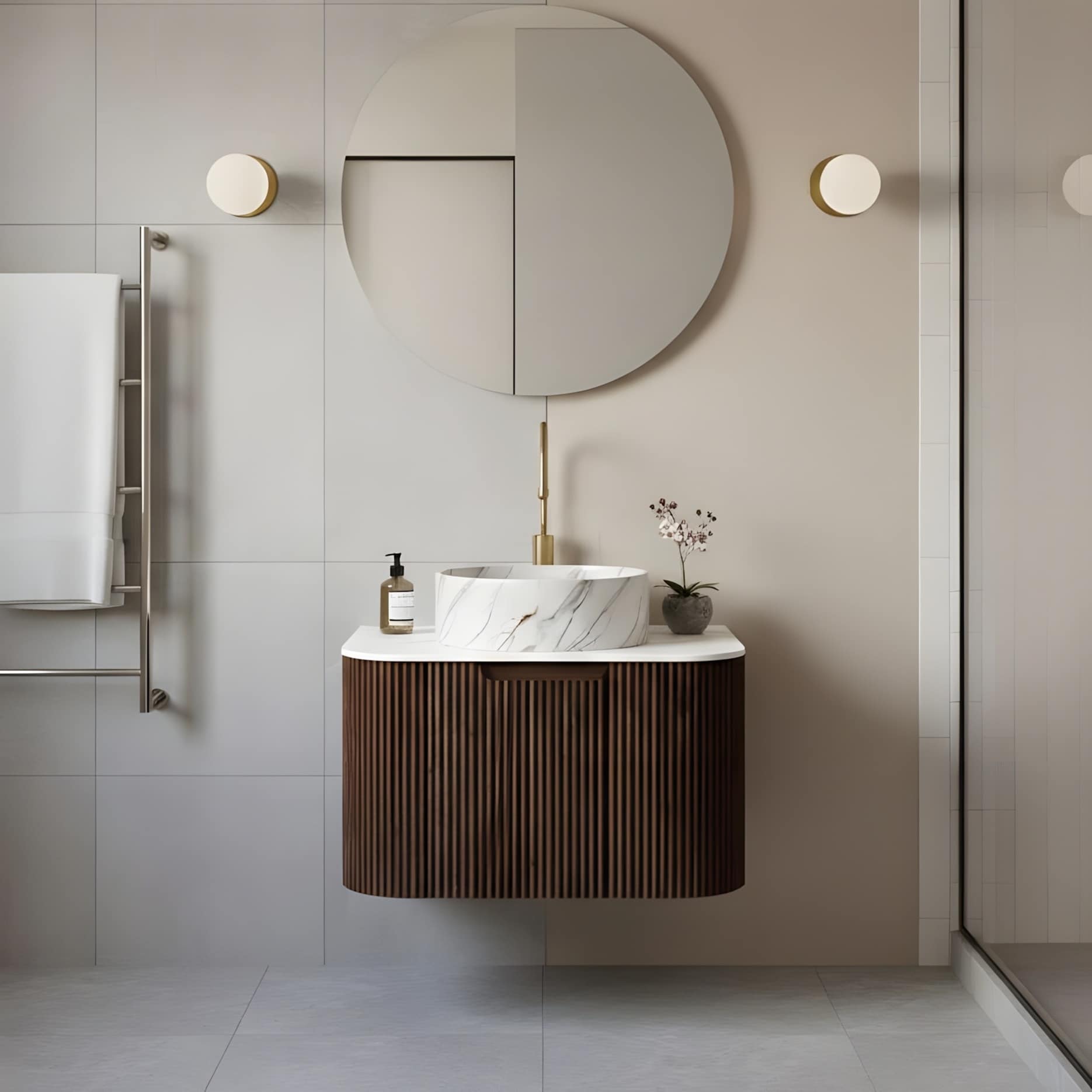Floating Bathroom With Round Ceramic Basin And Storage Drawer
