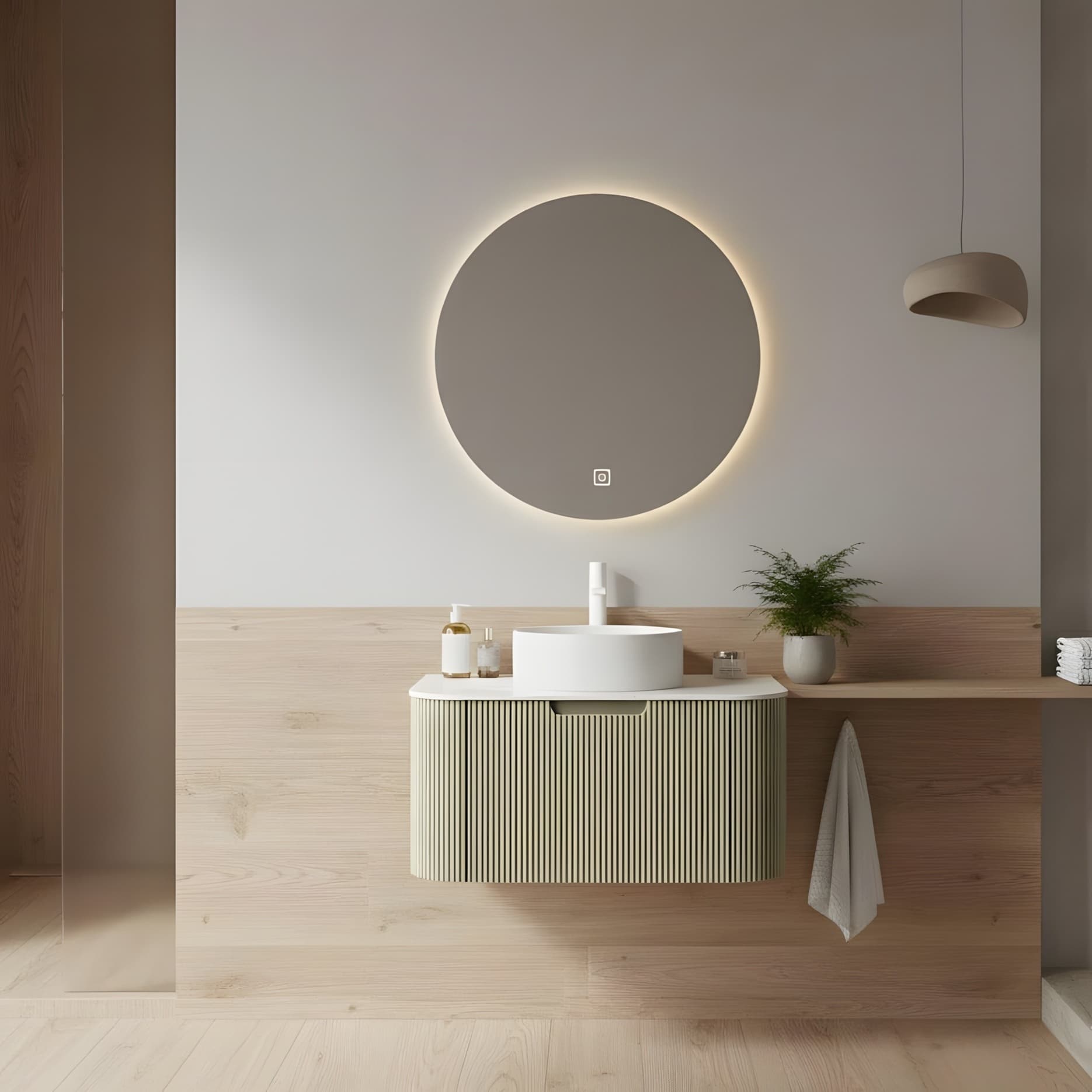 Wall Mounted Bathroom With White Round Ceramic Basin And Drawer