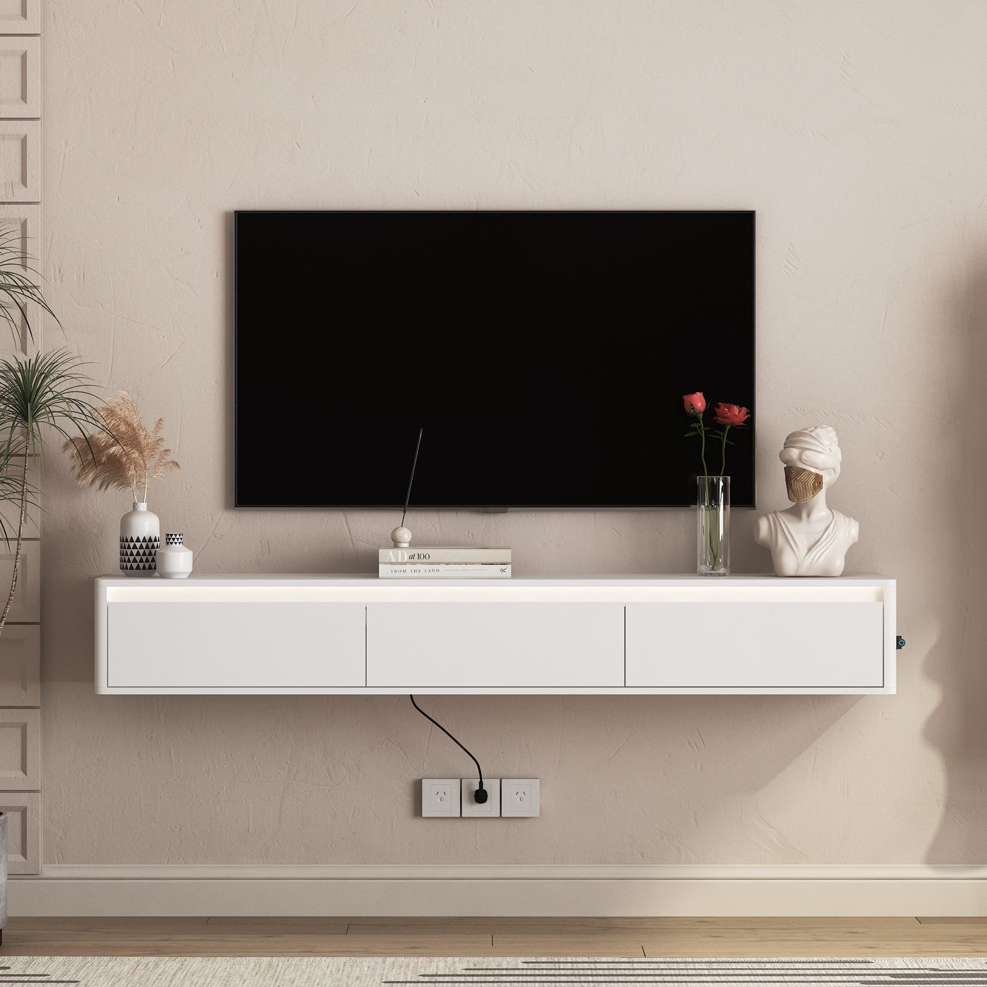 Wall Mounted Tv Shelf With Led Lights Power Outlet High Gloss Tv Cabinet For Wood Tv Stands For Living Room