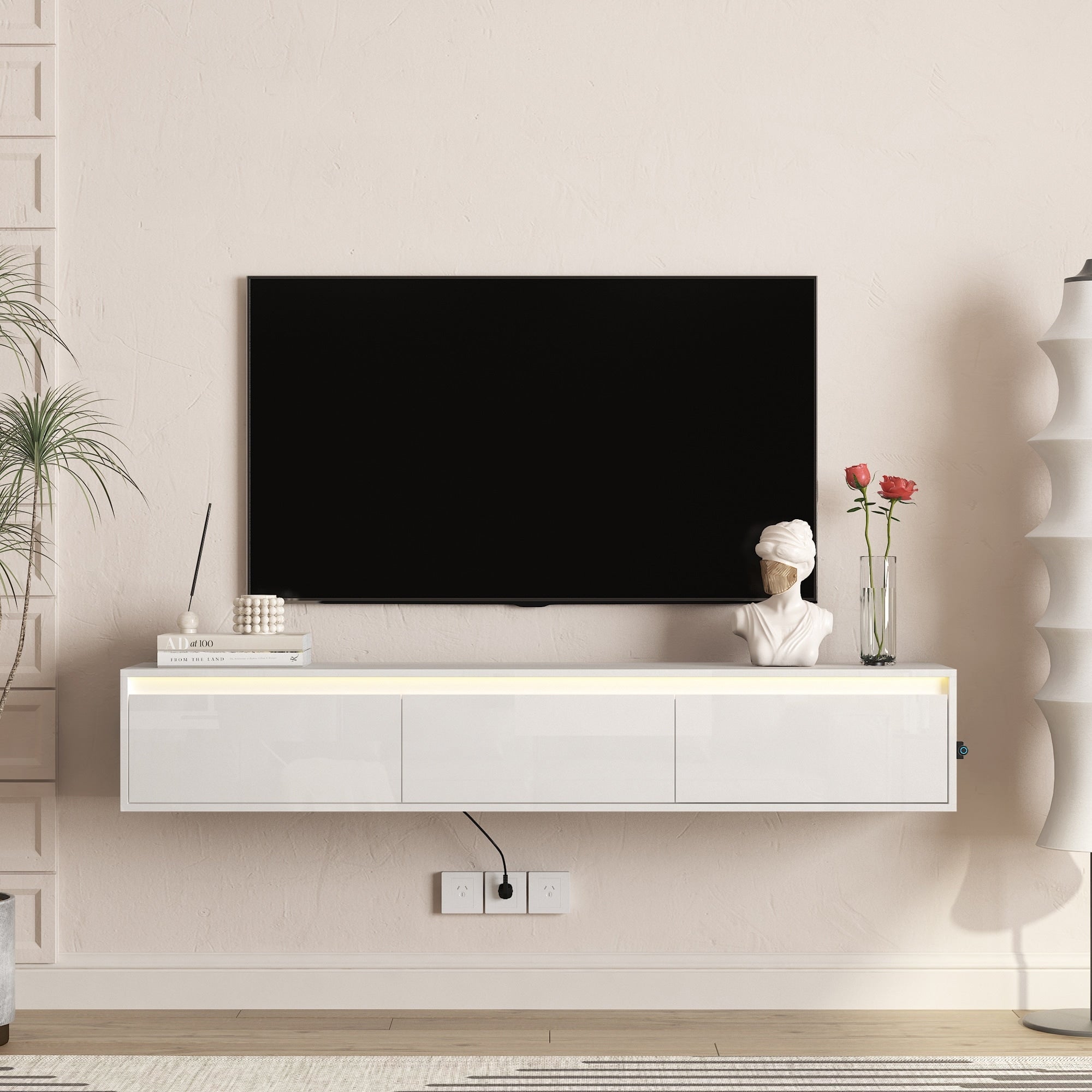 Wall Mounted Tv Shelf With Led Lights Power Outlet High Gloss Tv Cabinet For White Tv Stands For Living Room