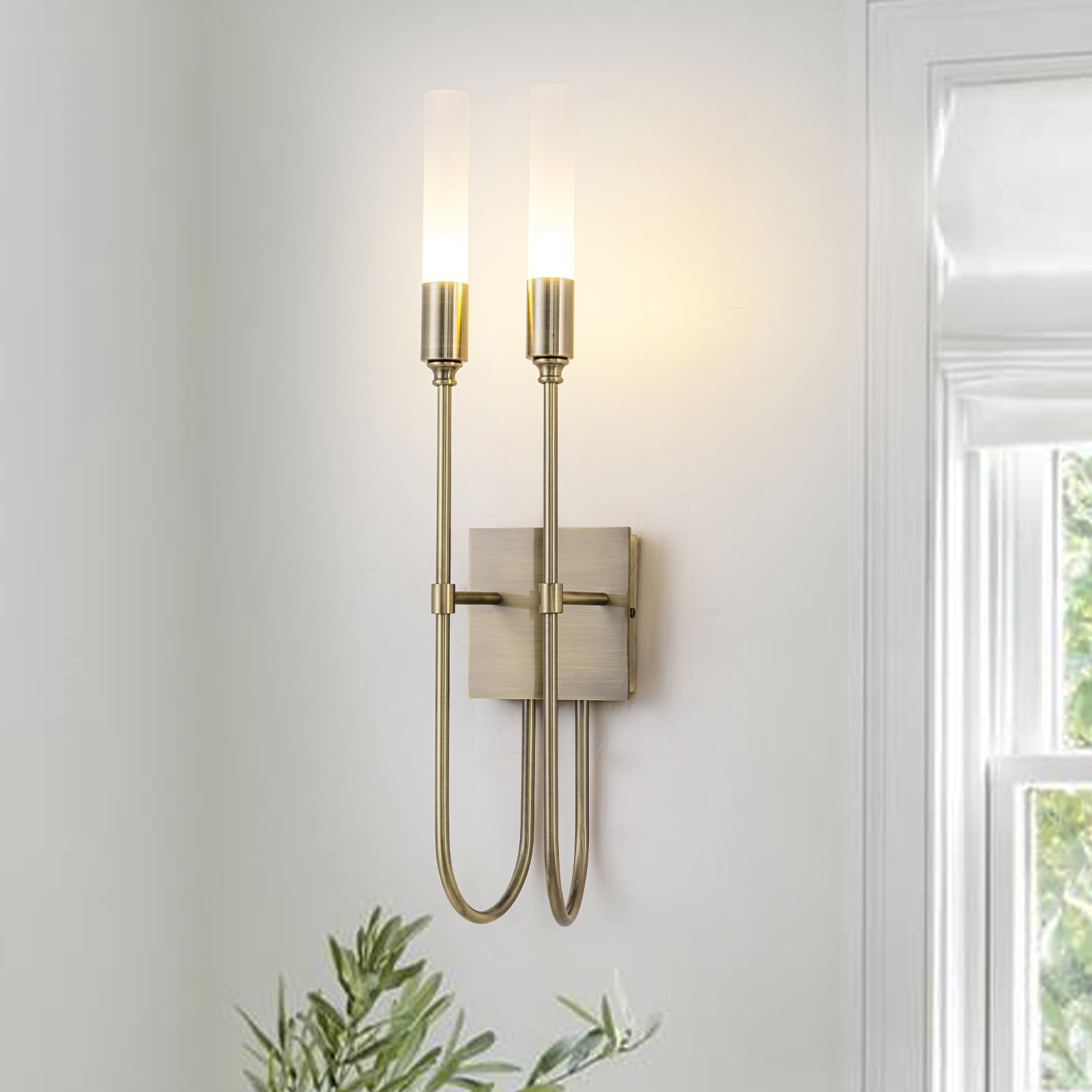 Wall Sconce Double U Shaped Metal Arms Frosted Cylindrical Shades