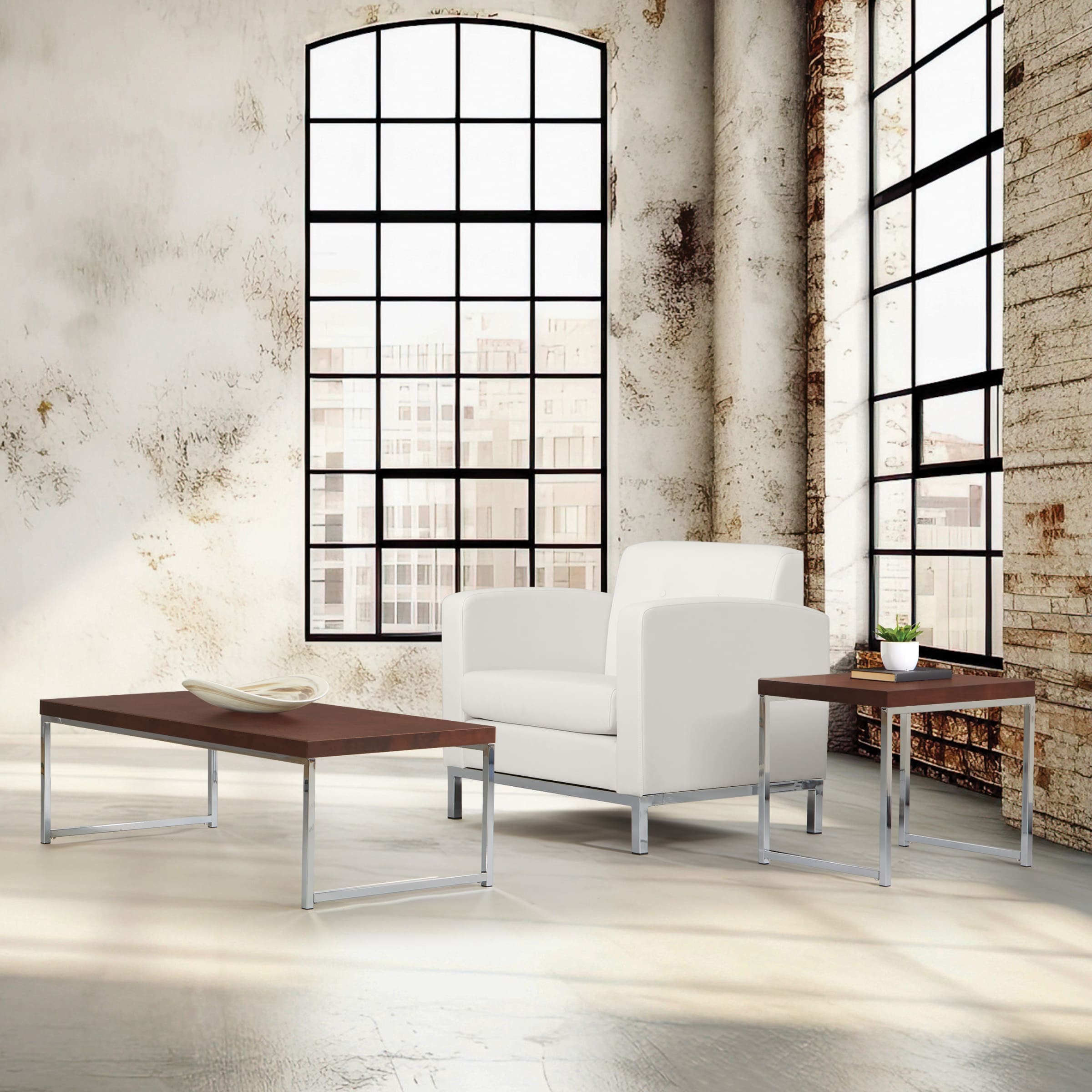 Osp Home Furnishings Main St. End Table W Wood Grain Top Reflective Chrome Plated Metal Legs