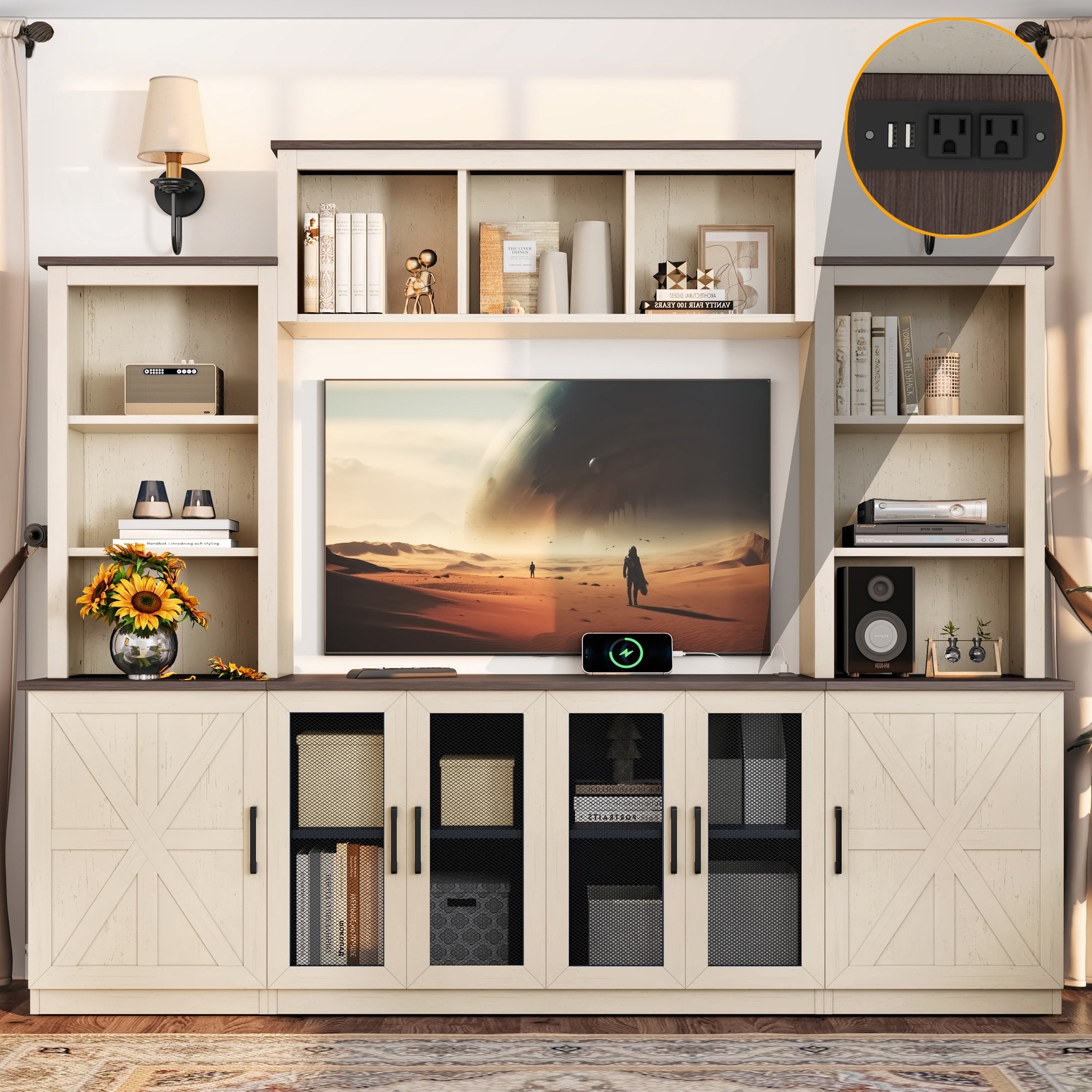 Wall Unit Entertainment Center With Charging Station And Usb Charging With Large Storage Cabinet Tv Stand Media Console